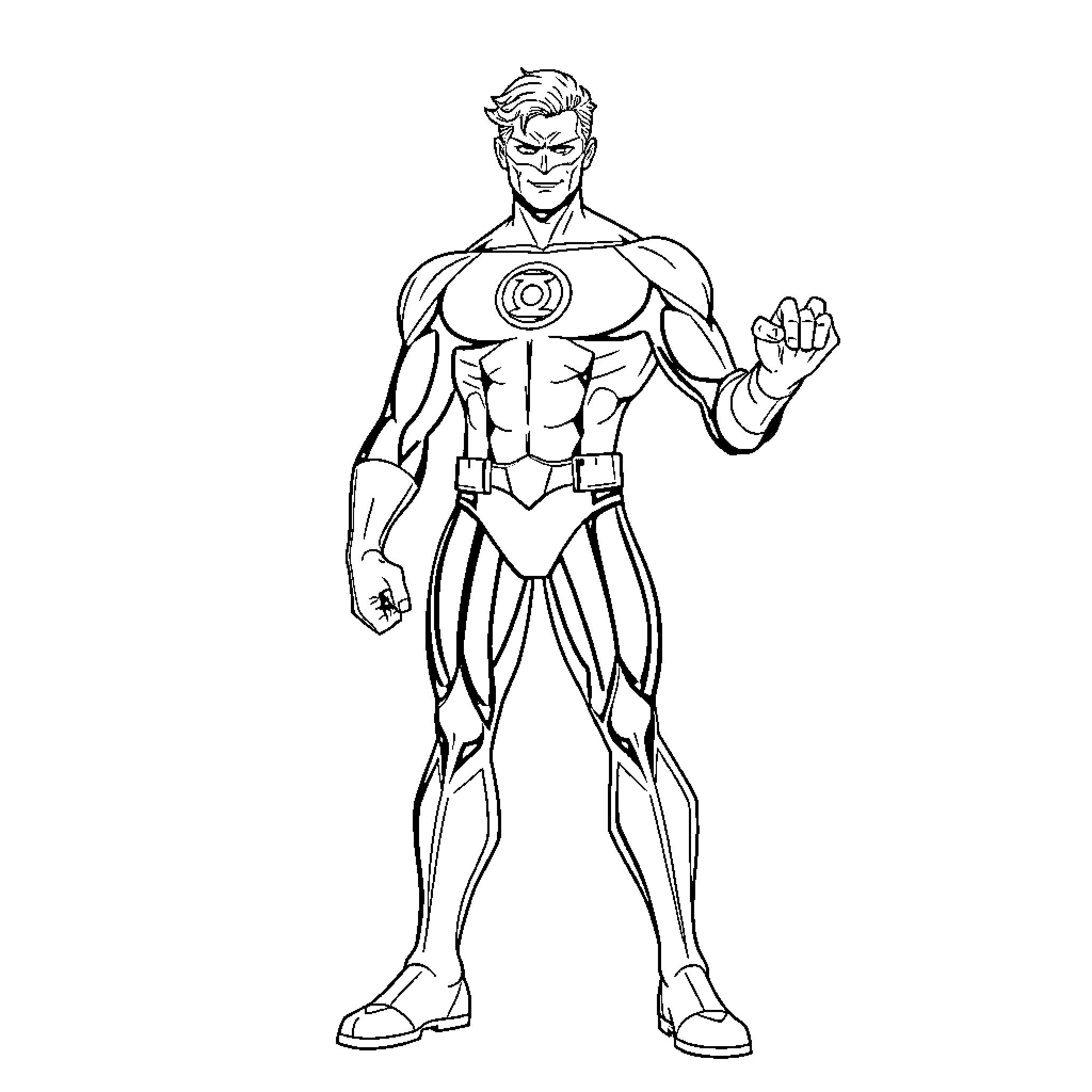 Green Lantern heroically poses with power ring Coloring Page (free black-and-white line drawing printable PDF for all, from beginners to advanced learners, including children, teens, adults, and seniors)