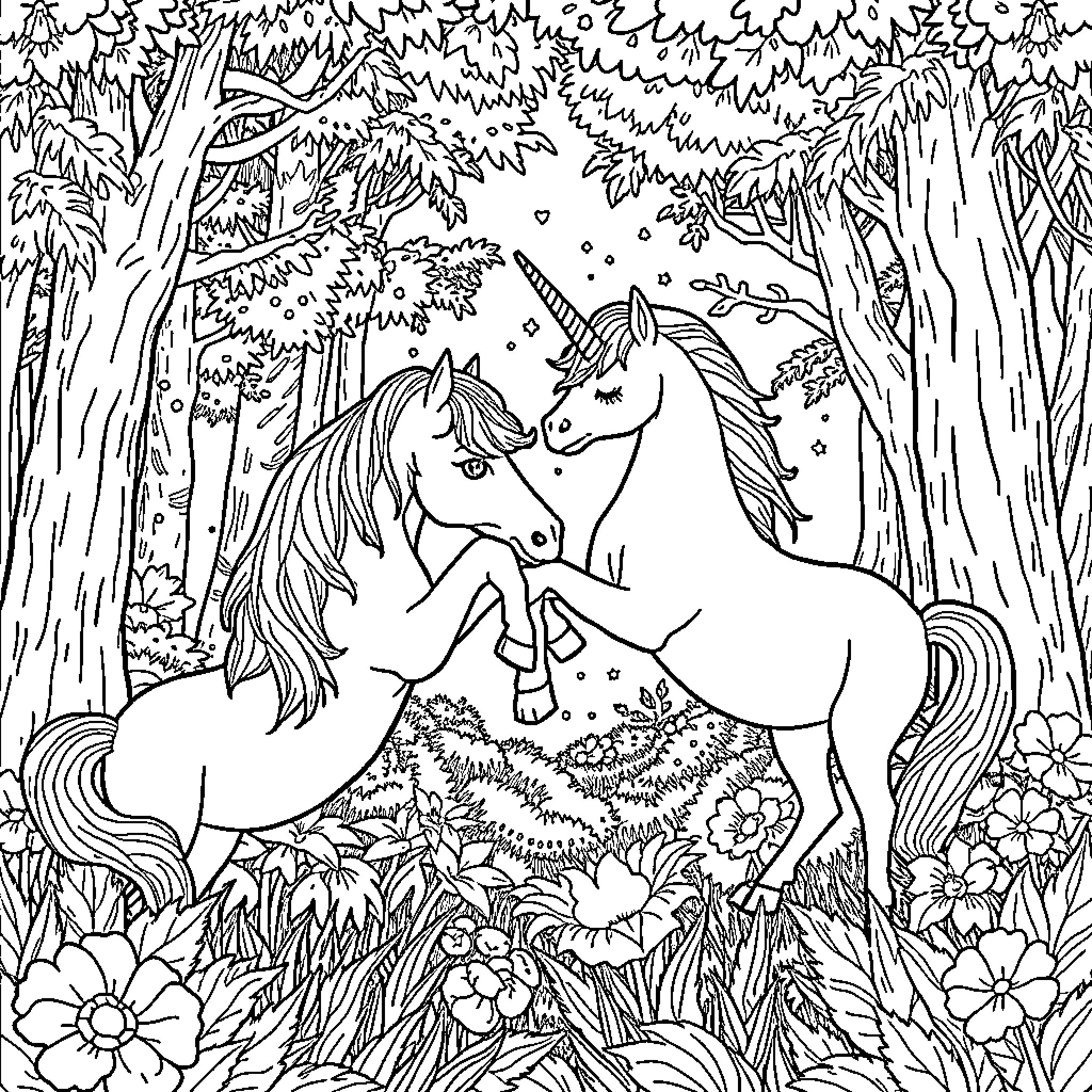 Unicorns playing in the enchanted forest Coloring Page (free black-and-white line drawing printable PDF for all, from beginners to advanced learners, including children, teens, adults, and seniors)