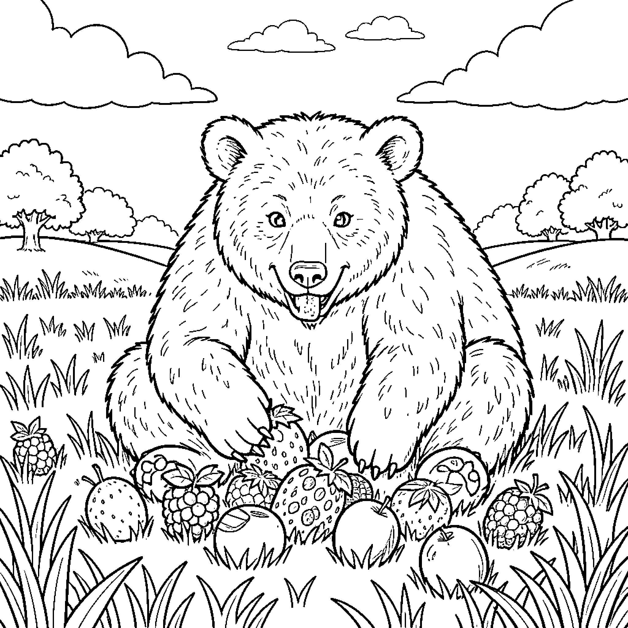 Spectacled Bear Enjoys Fruity Feast in Lush Landscape Coloring Page (free black-and-white line drawing printable PDF for all, from beginners to advanced learners, including children, teens, adults, and seniors)