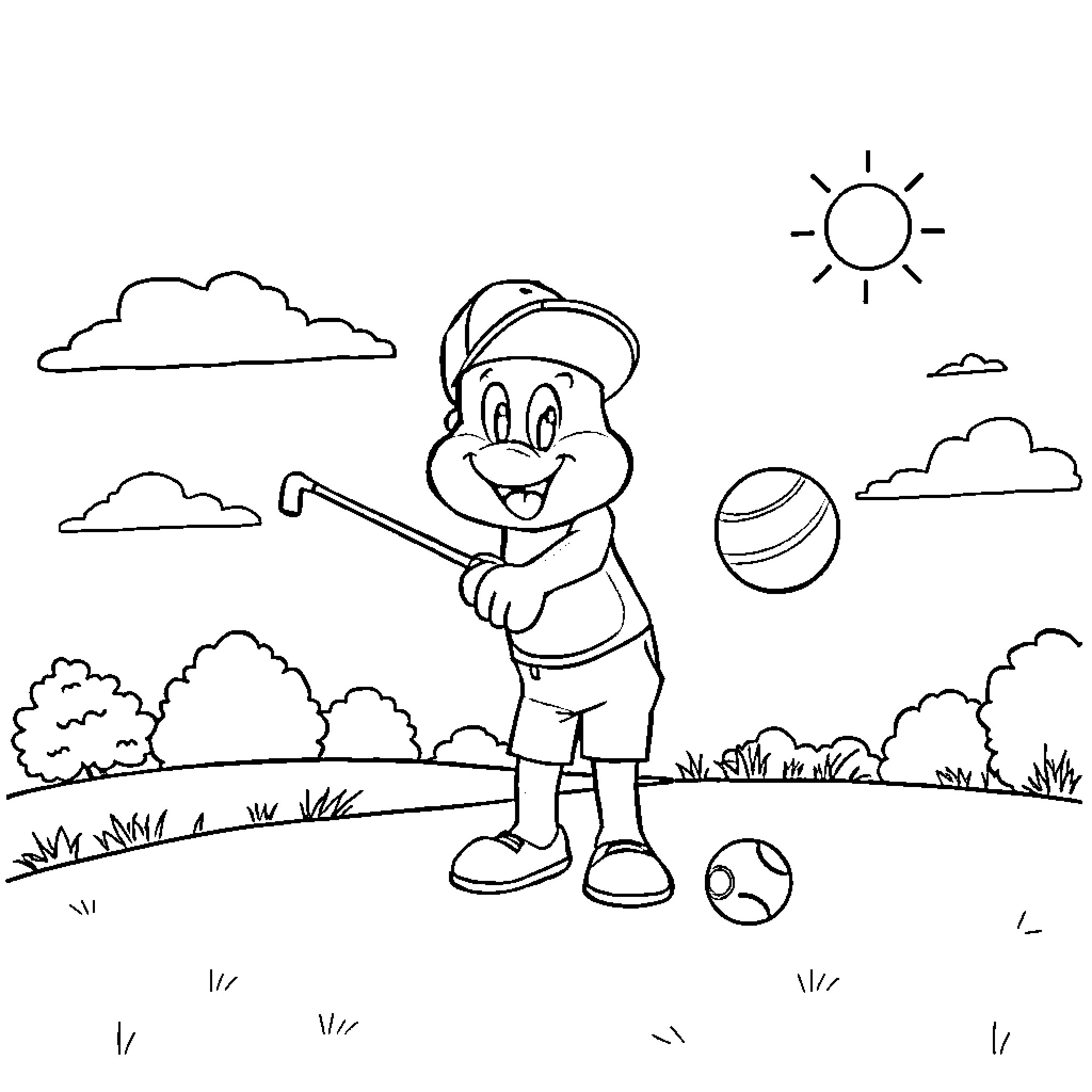 Bluey playing happily with a ball in the park Coloring Page (free black-and-white line drawing printable PDF for all, from beginners to advanced learners, including children, teens, adults, and seniors)