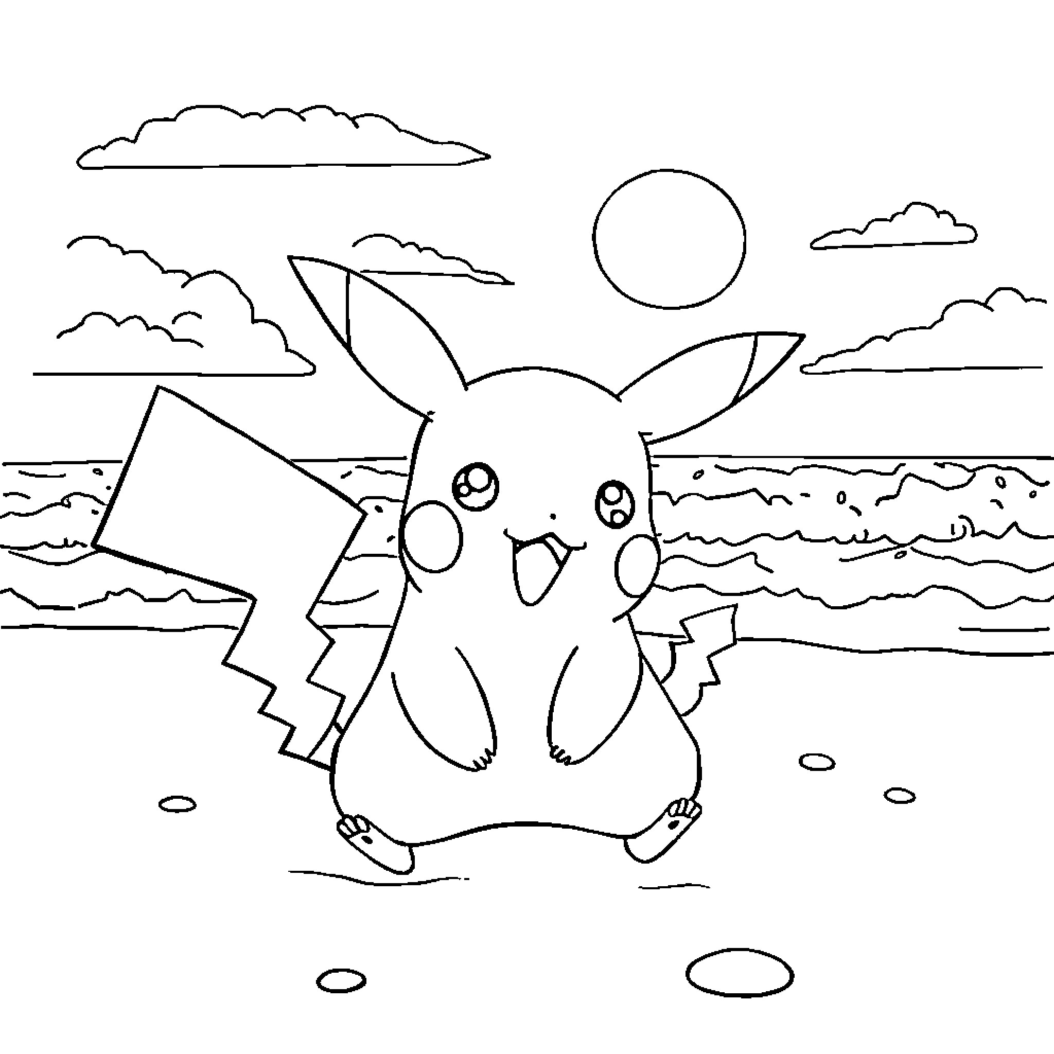 Pikachu enjoying the beach scenery Coloring Page (free black-and-white line drawing printable PDF for all, from beginners to advanced learners, including children, teens, adults, and seniors)