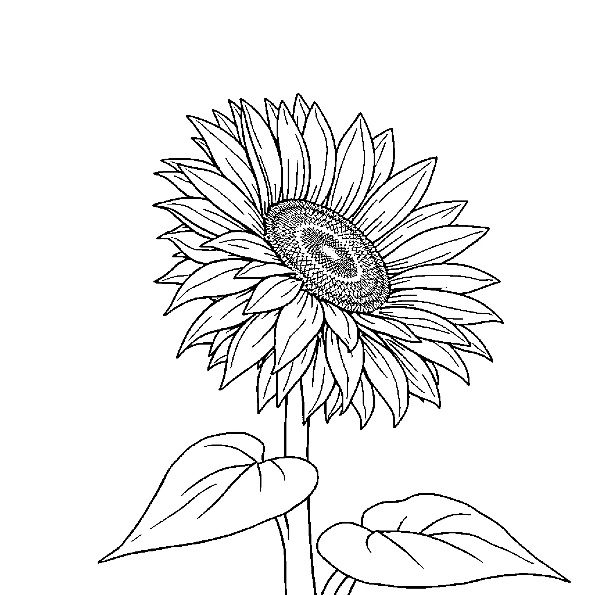 Sunflower in simple line drawing Coloring Page (free black-and-white line drawing printable PDF for all, from beginners to advanced learners, including children, teens, adults, and seniors)