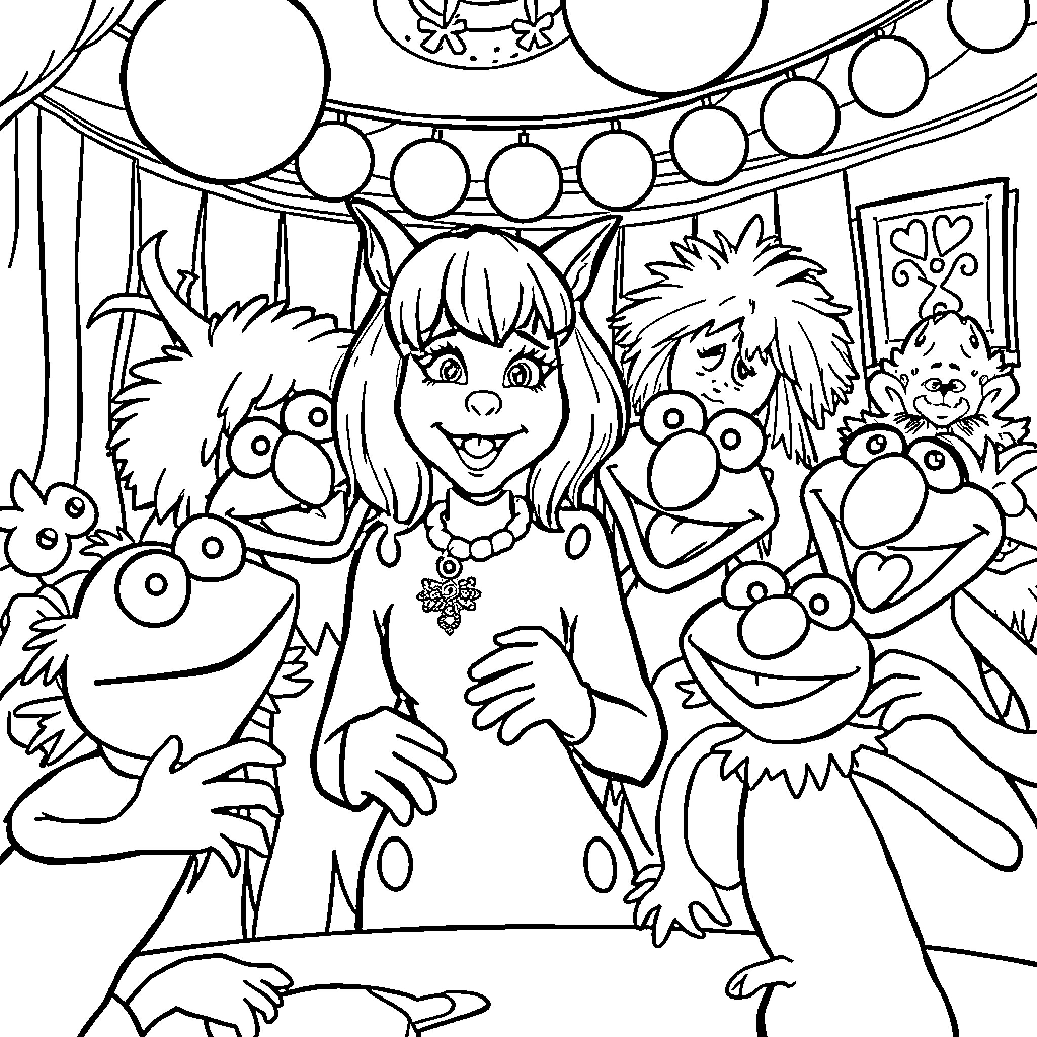 Velma's Joyful Carnival Celebration with Muppet-Like Friends Coloring Page (free black-and-white line drawing printable PDF for all, from beginners to advanced learners, including children, teens, adults, and seniors)