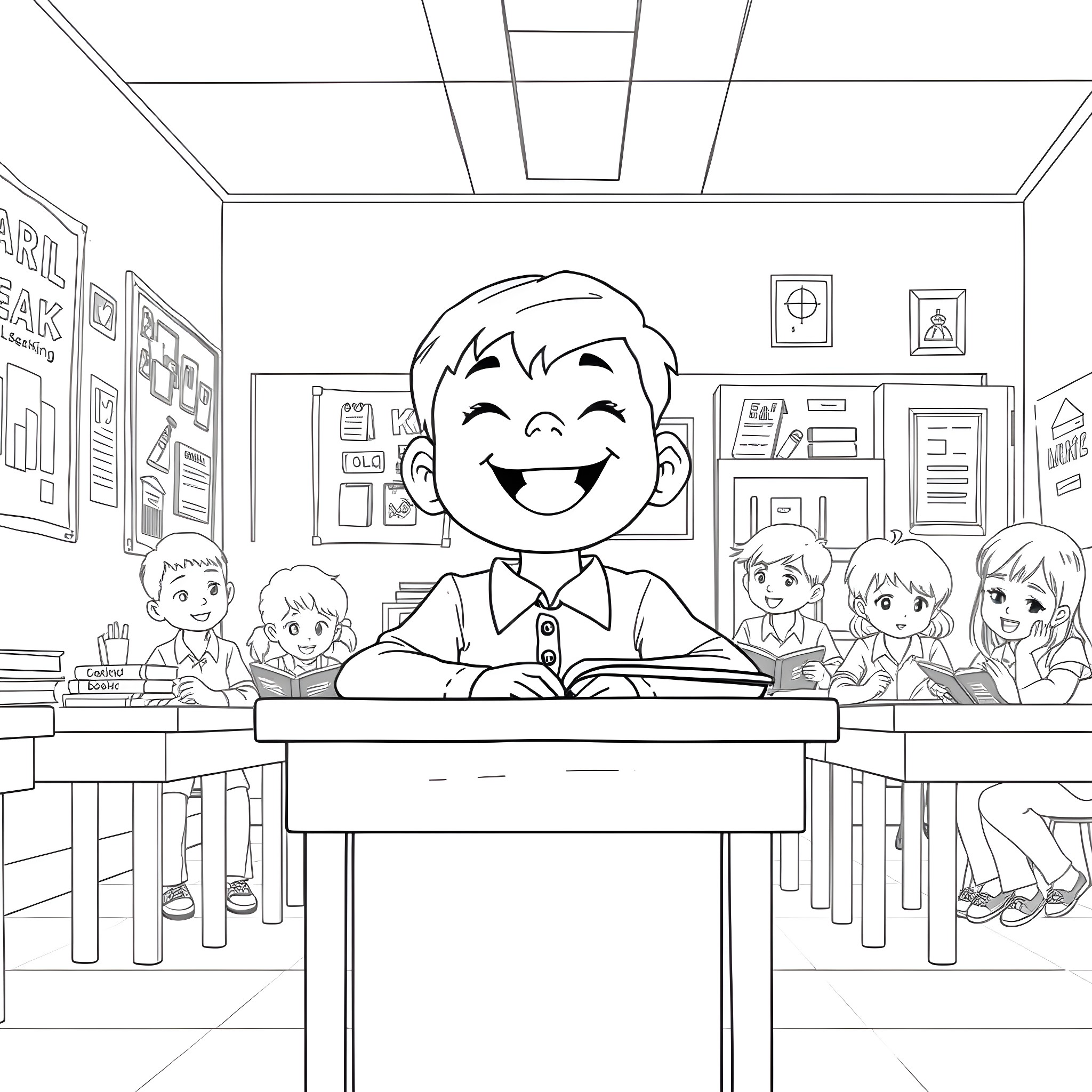 Boy smiling happily in classroom with classmates Coloring Page (free black-and-white line drawing printable PDF for all, from beginners to advanced learners, including children, teens, adults, and seniors)
