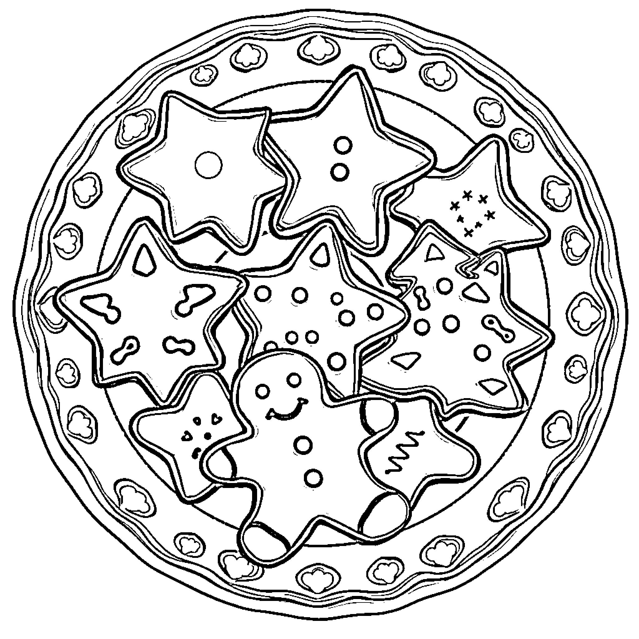 Cookie Shapes and Patterns Coloring Page (free black-and-white line drawing printable PDF for all, from beginners to advanced learners, including children, teens, adults, and seniors)