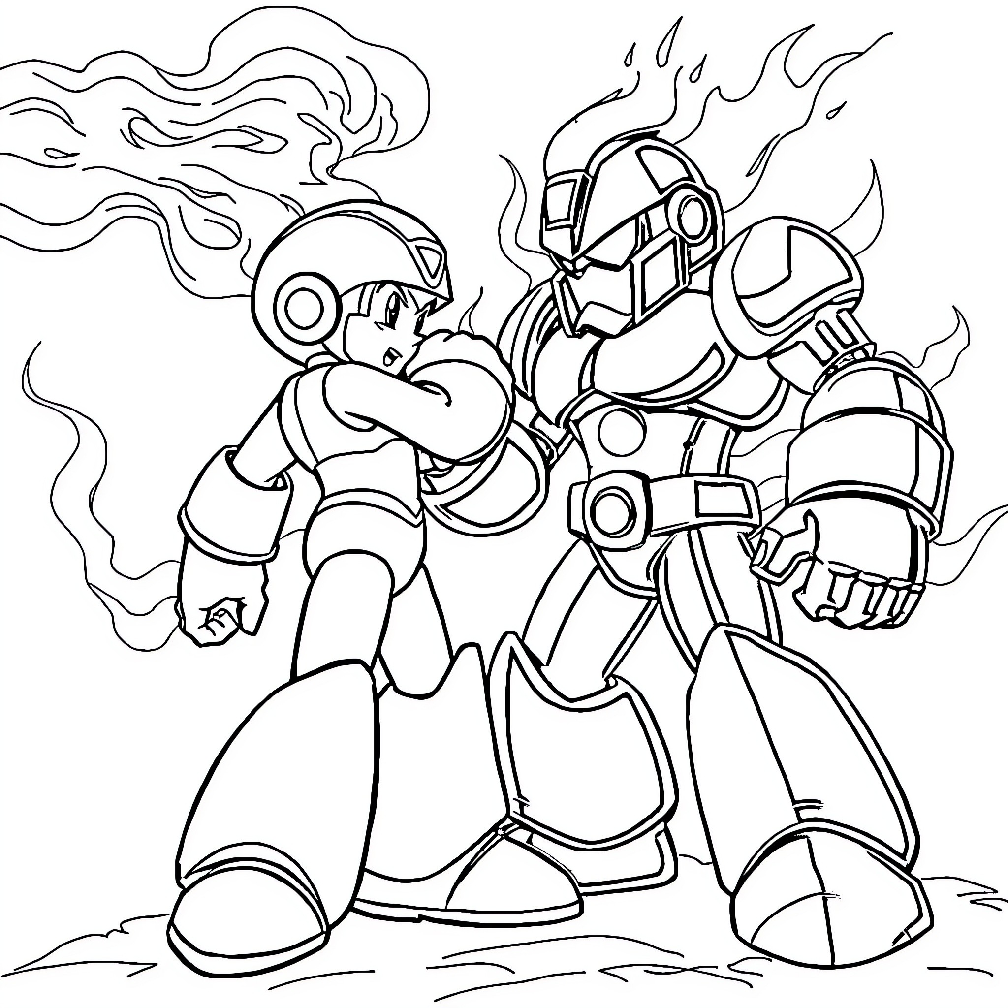 Mega Man fighting a robotic enemy in battle Coloring Page (free black-and-white line drawing printable PDF for all, from beginners to advanced learners, including children, teens, adults, and seniors)