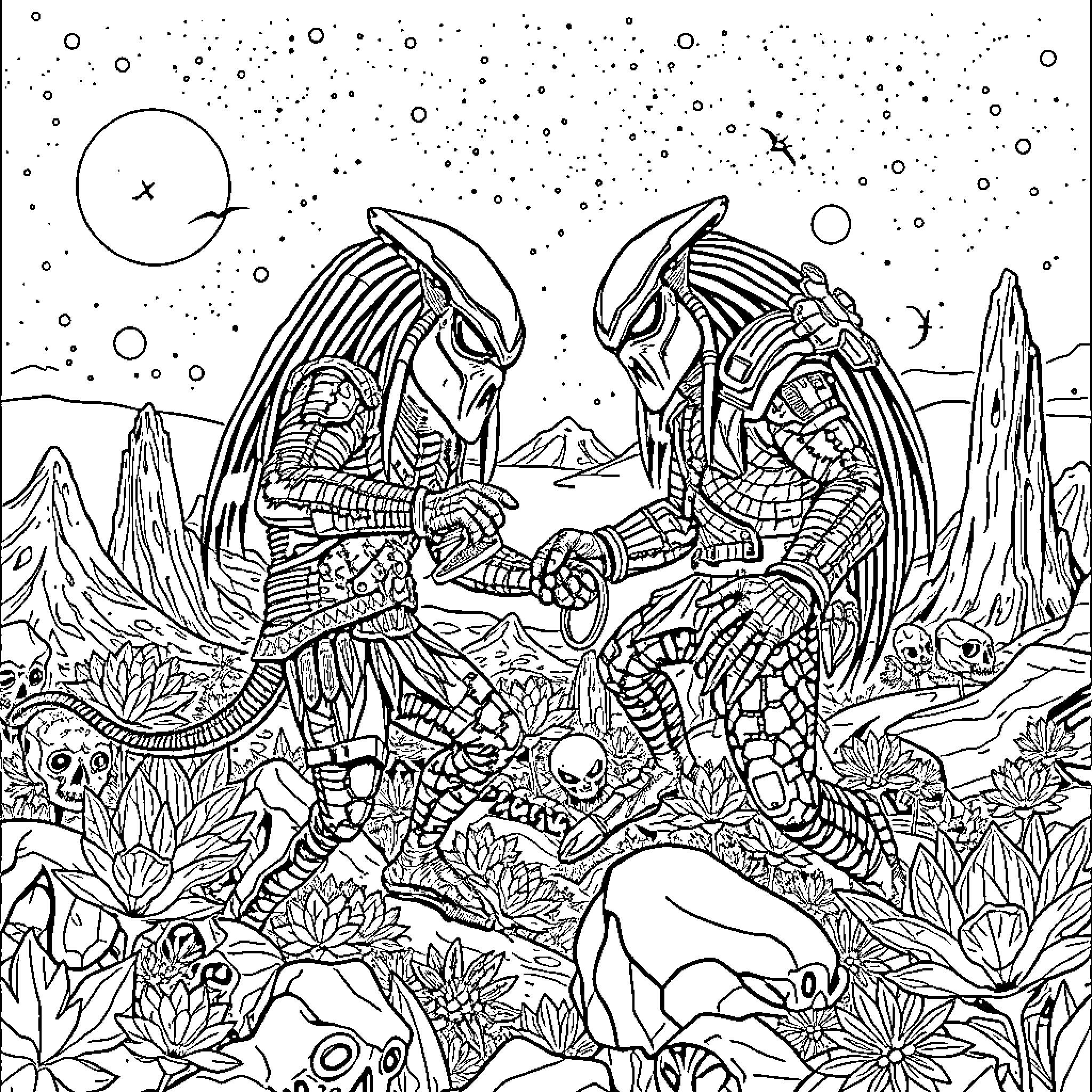 Predator Alien Creatures in Futuristic Landscape Coloring Page (free black-and-white line drawing printable PDF for all, from beginners to advanced learners, including children, teens, adults, and seniors)