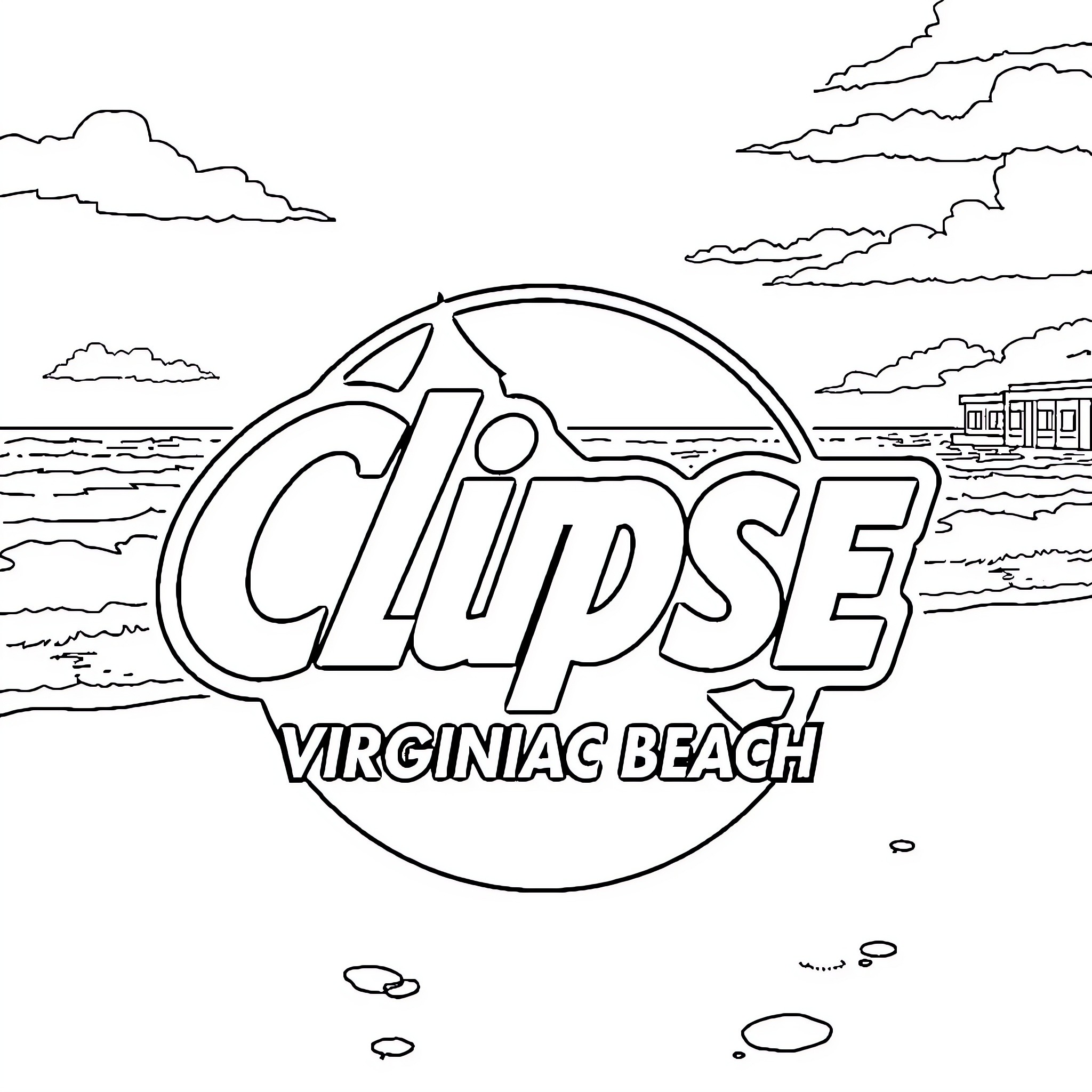 Clipse of Virginiac Beach scenery and logo Coloring Page (free black-and-white line drawing printable PDF for all, from beginners to advanced learners, including children, teens, adults, and seniors)