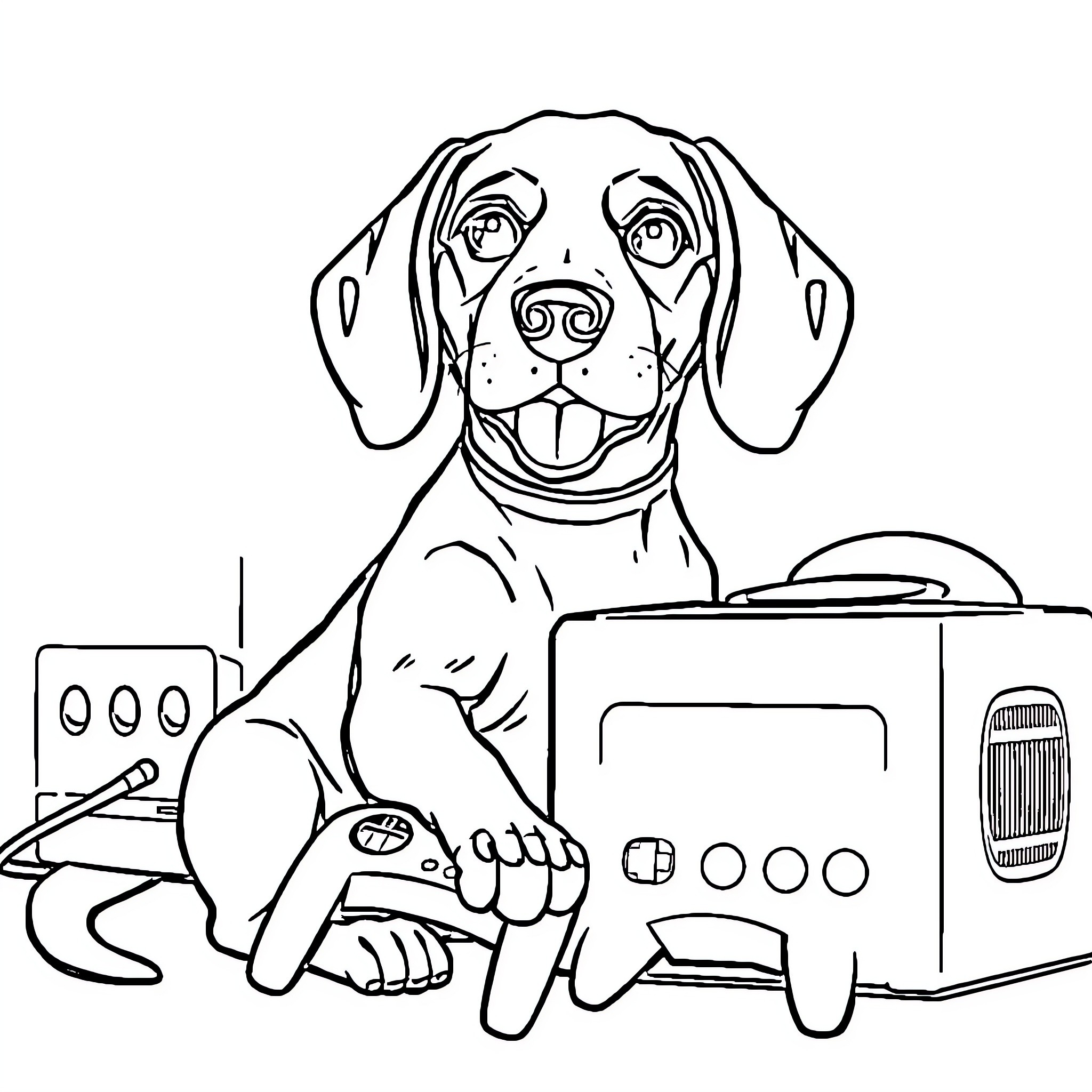 Beagle playing with electronic devices Coloring Page (free black-and-white line drawing printable PDF for all, from beginners to advanced learners, including children, teens, adults, and seniors)