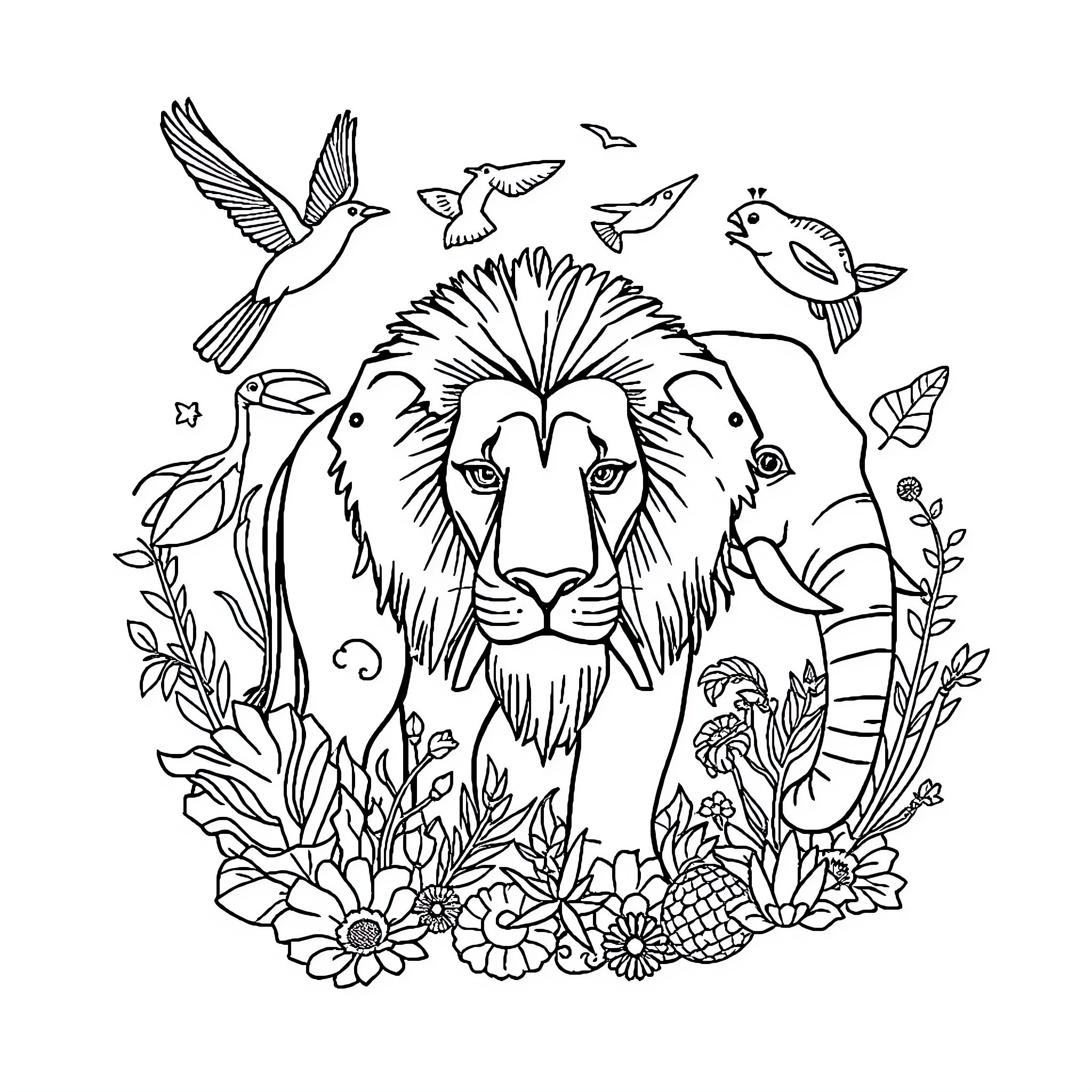 Animal surrounded by diverse wildlife in floral scene Coloring Page (free black-and-white line drawing printable PDF for all, from beginners to advanced learners, including children, teens, adults, and seniors)