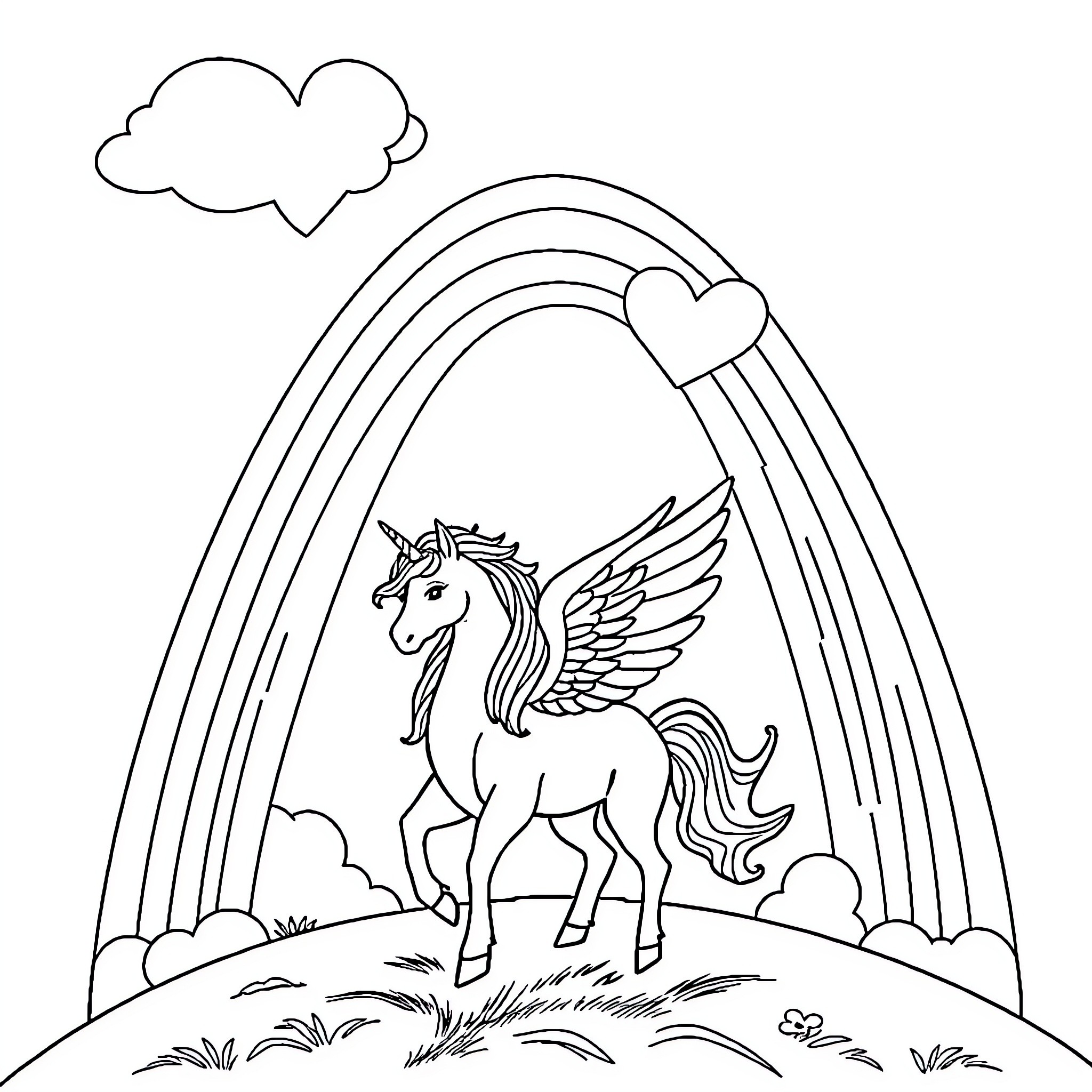 Pegasus Soaring Above the Rainbow Coloring Page (free black-and-white line drawing printable PDF for all, from beginners to advanced learners, including children, teens, adults, and seniors)