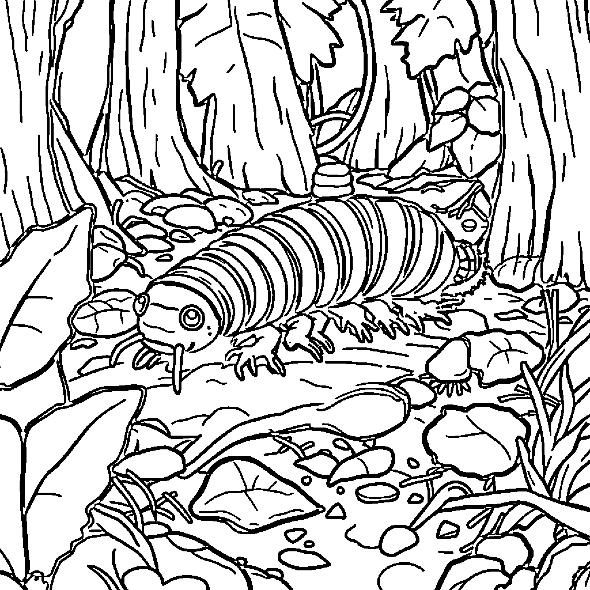 Millipede exploring the forest floor Coloring Page (free black-and-white line drawing printable PDF for all, from beginners to advanced learners, including children, teens, adults, and seniors)