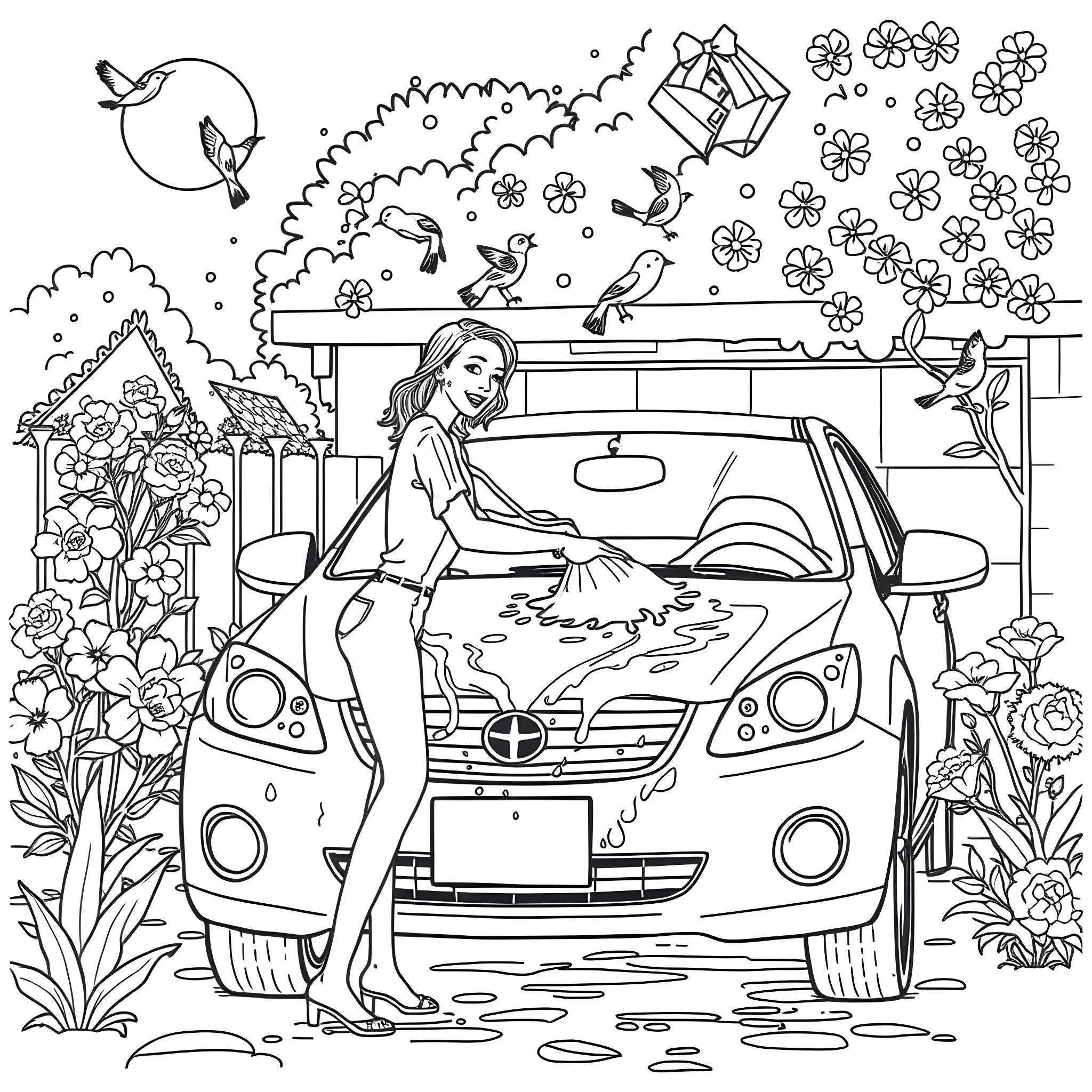 Woman cleaning her car in a garden Coloring Page (free black-and-white line drawing printable PDF for all, from beginners to advanced learners, including children, teens, adults, and seniors)