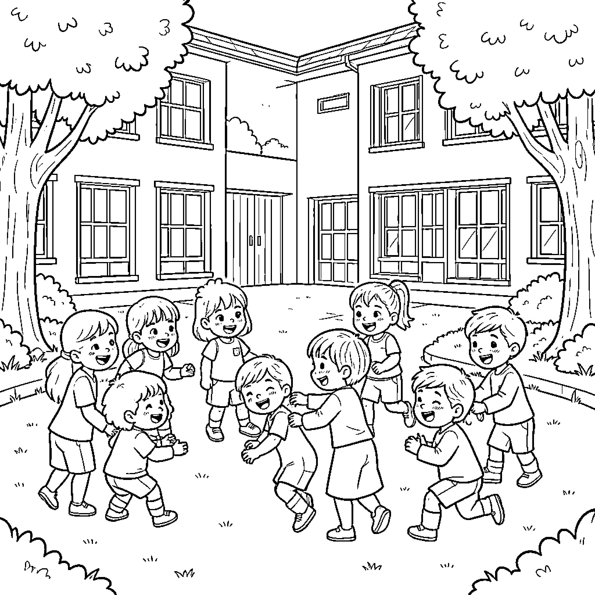 Children playing joyfully outside their school Coloring Page (free black-and-white line drawing printable PDF for all, from beginners to advanced learners, including children, teens, adults, and seniors)
