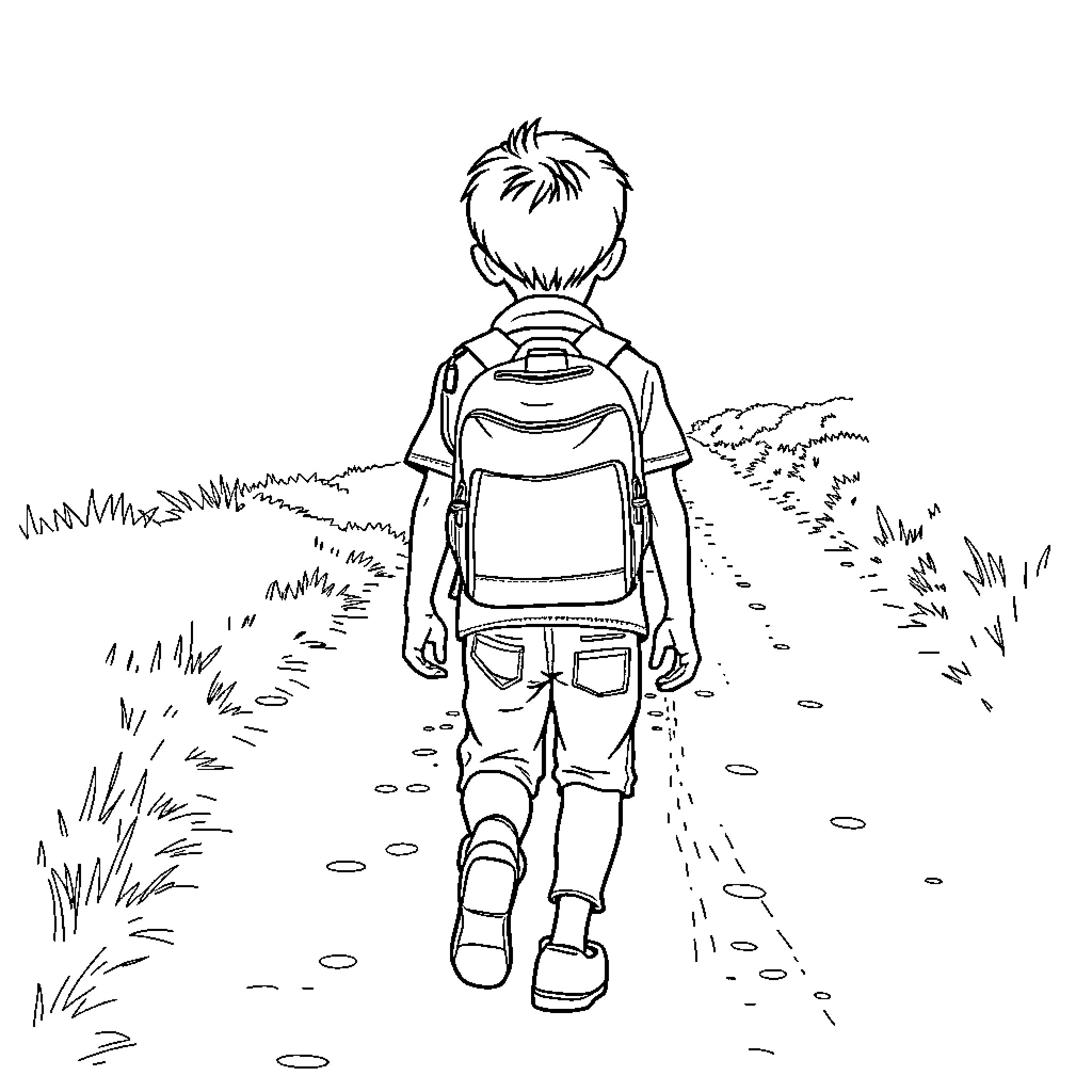 Boy exploring the nature trail Coloring Page (free black-and-white line drawing printable PDF for all, from beginners to advanced learners, including children, teens, adults, and seniors)