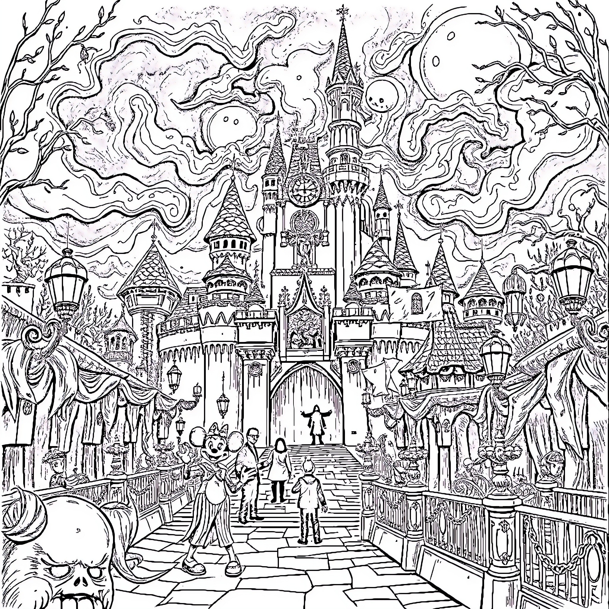 Disney Fantastical Castle and Whimsical Scenes Coloring Page (free black-and-white line drawing printable PDF for all, from beginners to advanced learners, including children, teens, adults, and seniors)