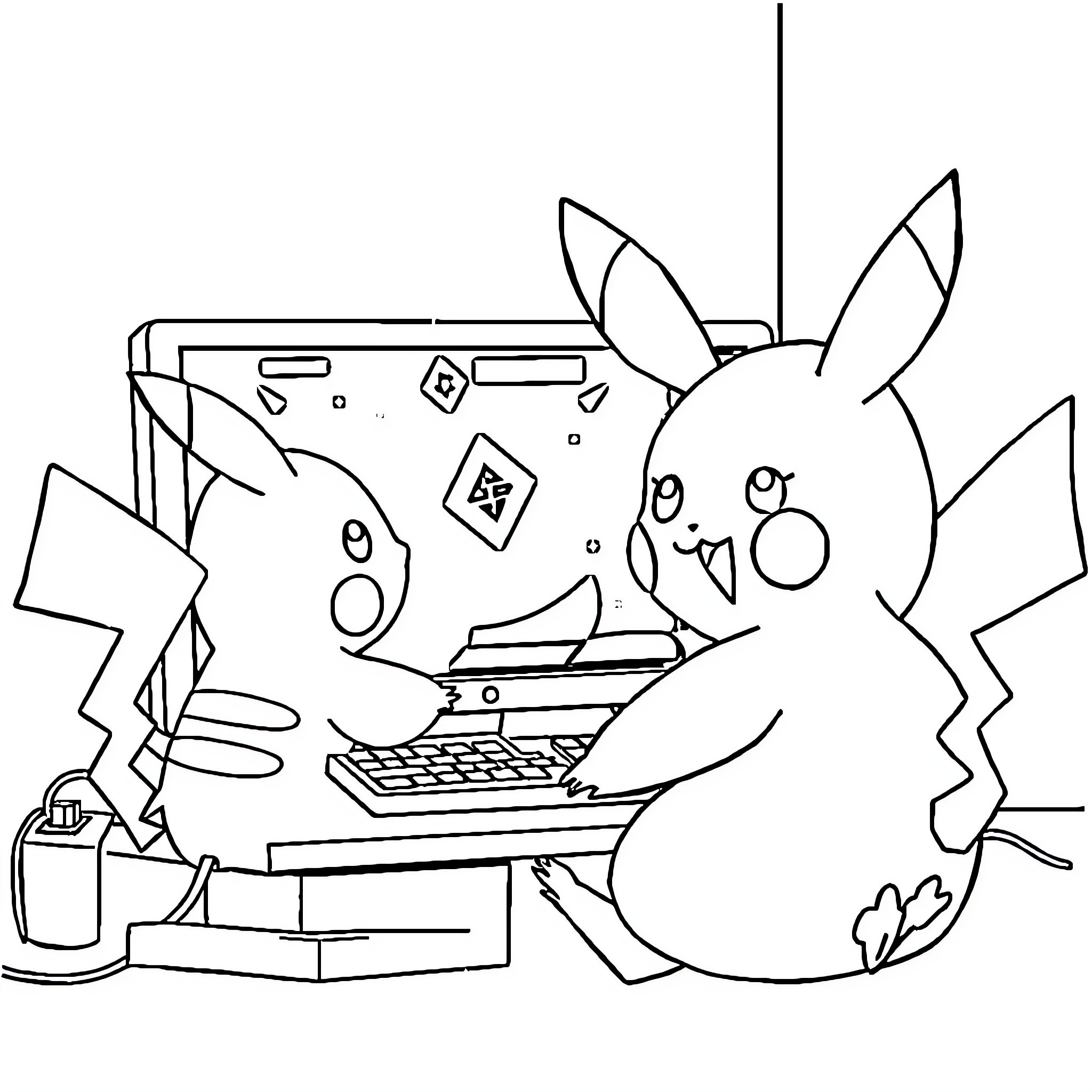 Pikachu playing with computer equipment Coloring Page (free black-and-white line drawing printable PDF for all, from beginners to advanced learners, including children, teens, adults, and seniors)