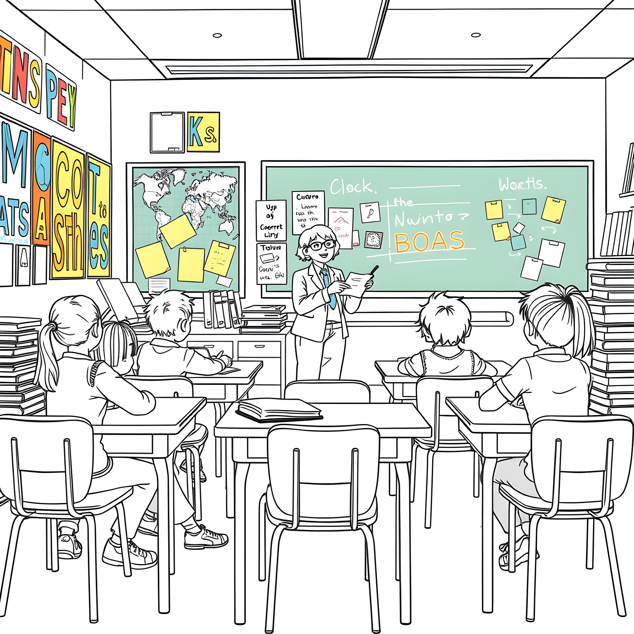 Students engaged in classroom activities Coloring Page (free black-and-white line drawing printable PDF for all, from beginners to advanced learners, including children, teens, adults, and seniors)