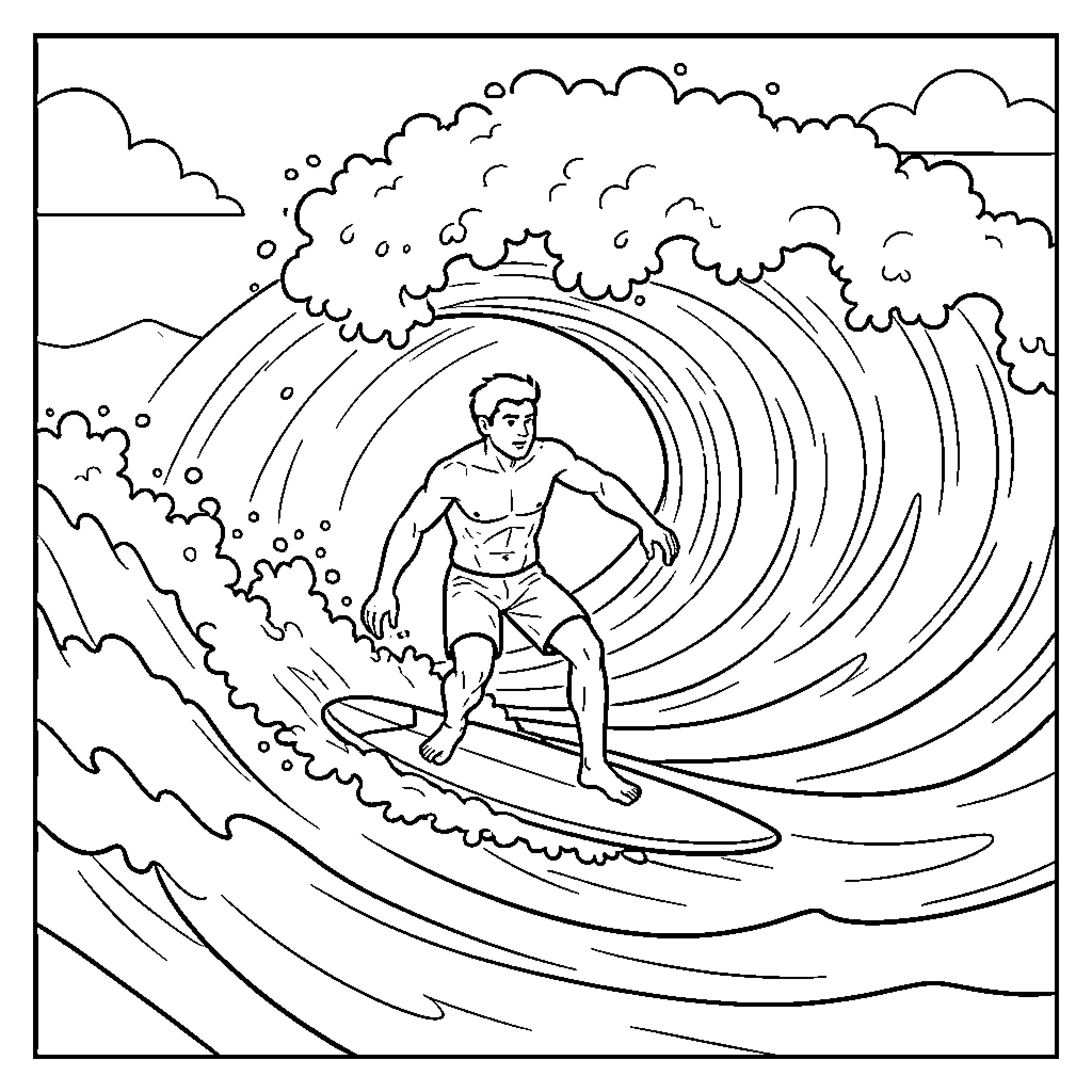 Surfer riding a large ocean wave Coloring Page (free black-and-white line drawing printable PDF for all, from beginners to advanced learners, including children, teens, adults, and seniors)