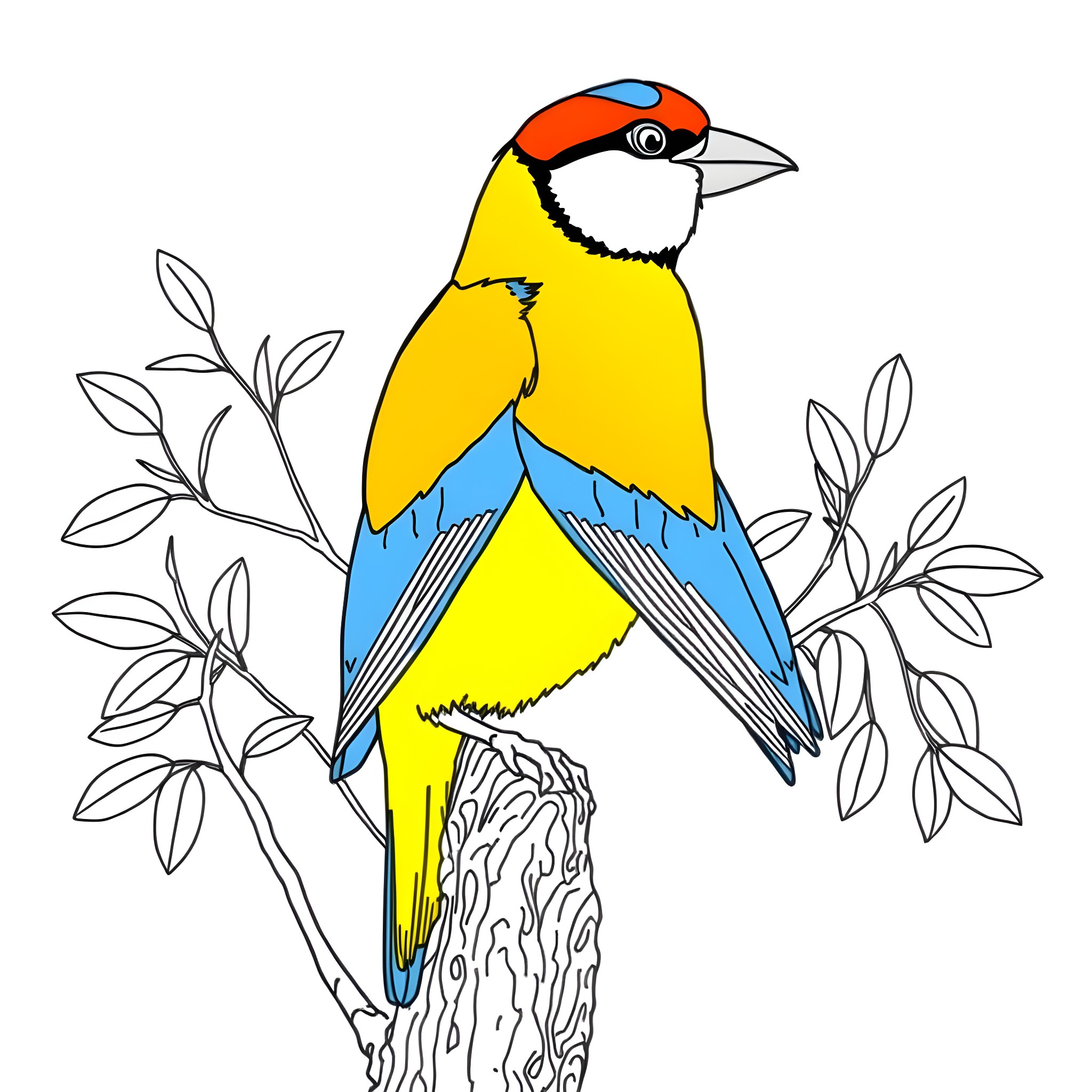 Gouldian Finch perched on tree branch Coloring Page (free black-and-white line drawing printable PDF for all, from beginners to advanced learners, including children, teens, adults, and seniors)