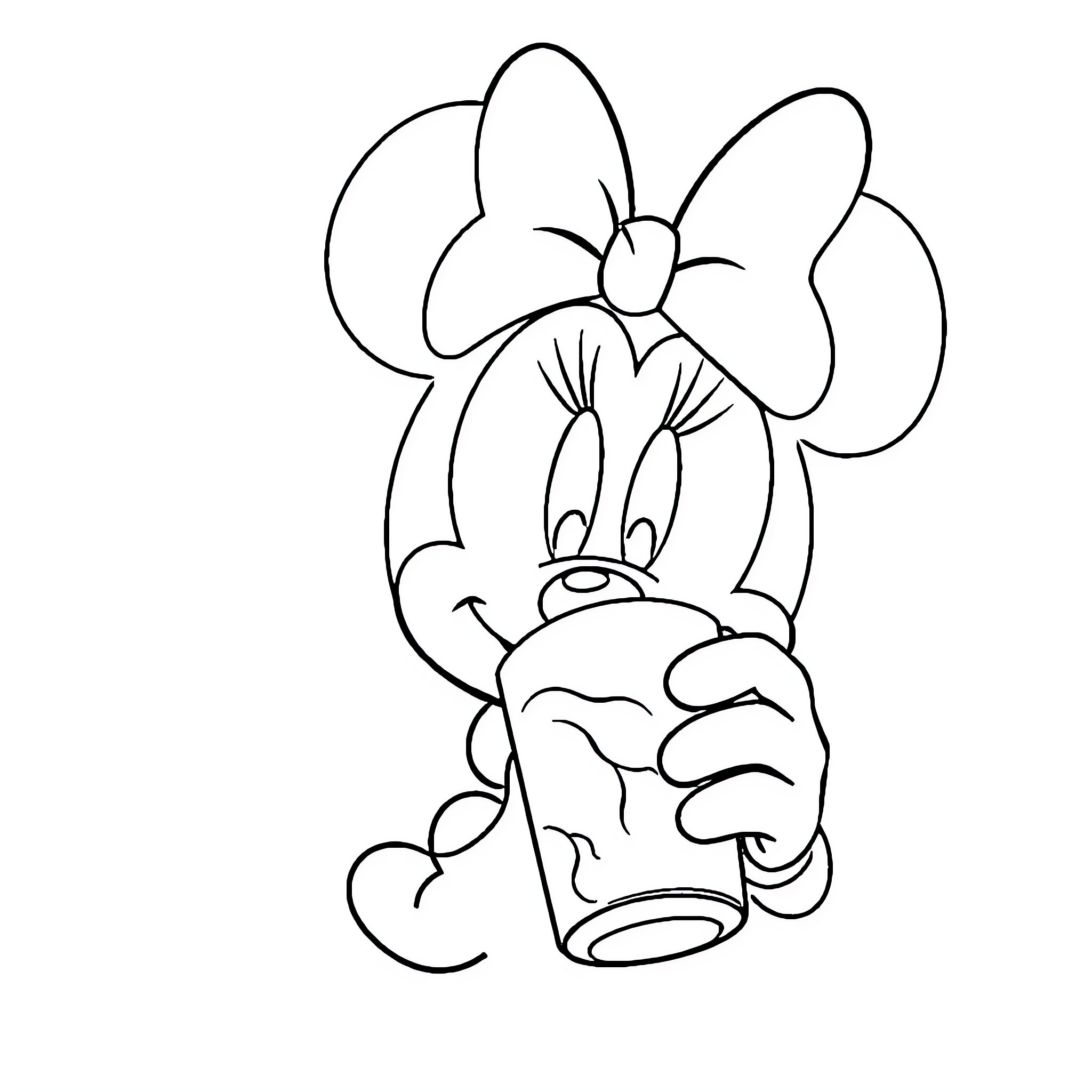 Minnie Mouse sitting and waving Coloring Page (free black-and-white line drawing printable PDF for all, from beginners to advanced learners, including children, teens, adults, and seniors)