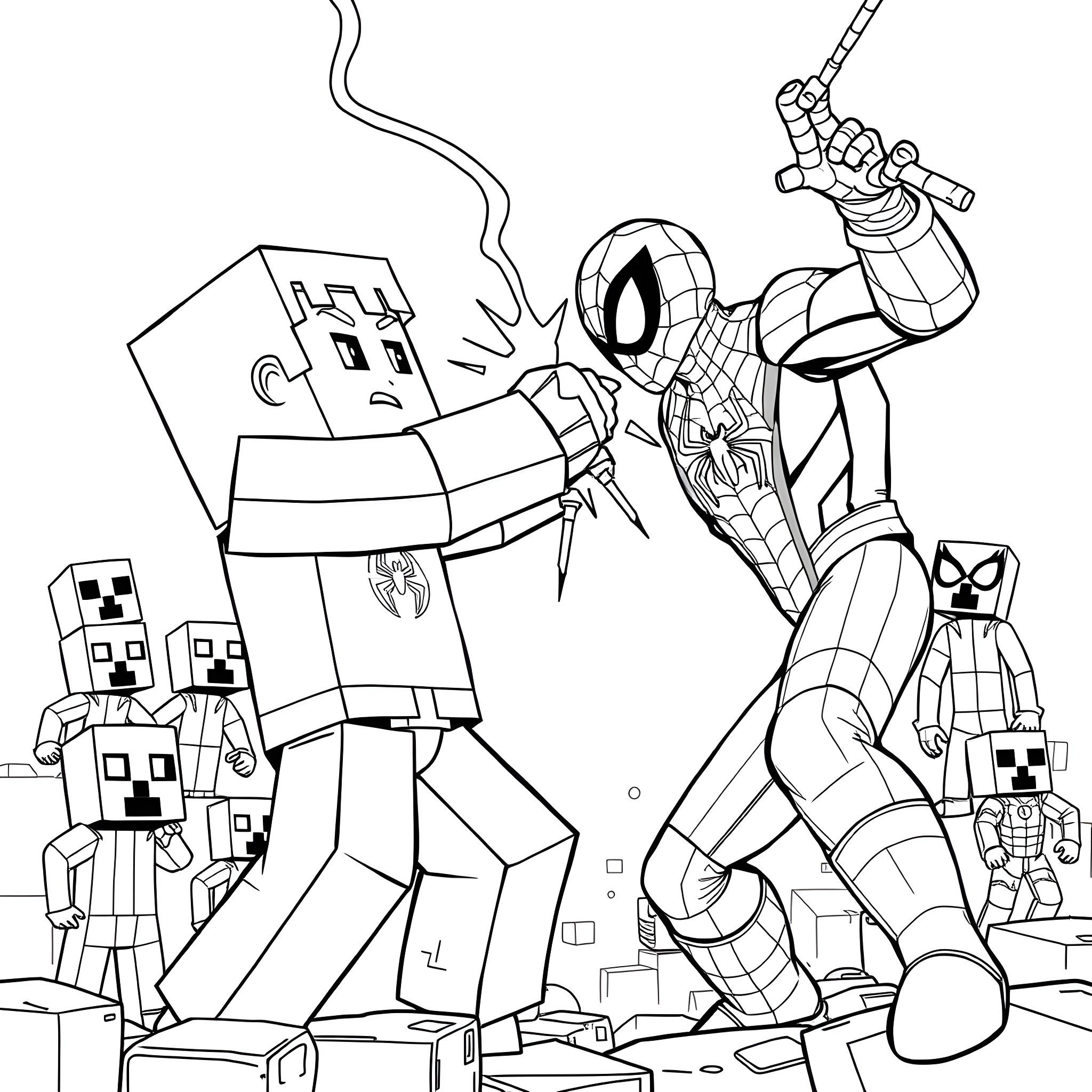 Steve battles villains in a Minecraft-inspired setting Coloring Page (free black-and-white line drawing printable PDF for all, from beginners to advanced learners, including children, teens, adults, and seniors)