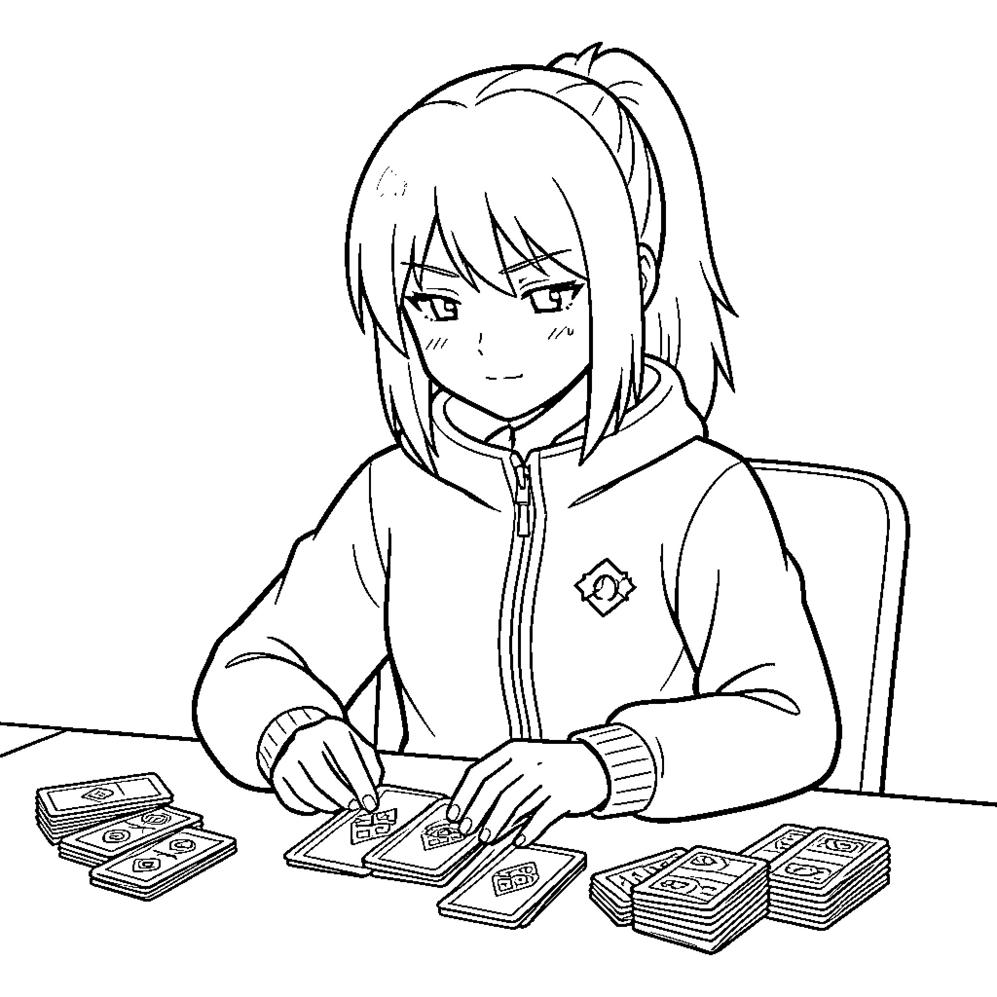 Hinata Hyuga playing a card game at a table Coloring Page (free black-and-white line drawing printable PDF for all, from beginners to advanced learners, including children, teens, adults, and seniors)