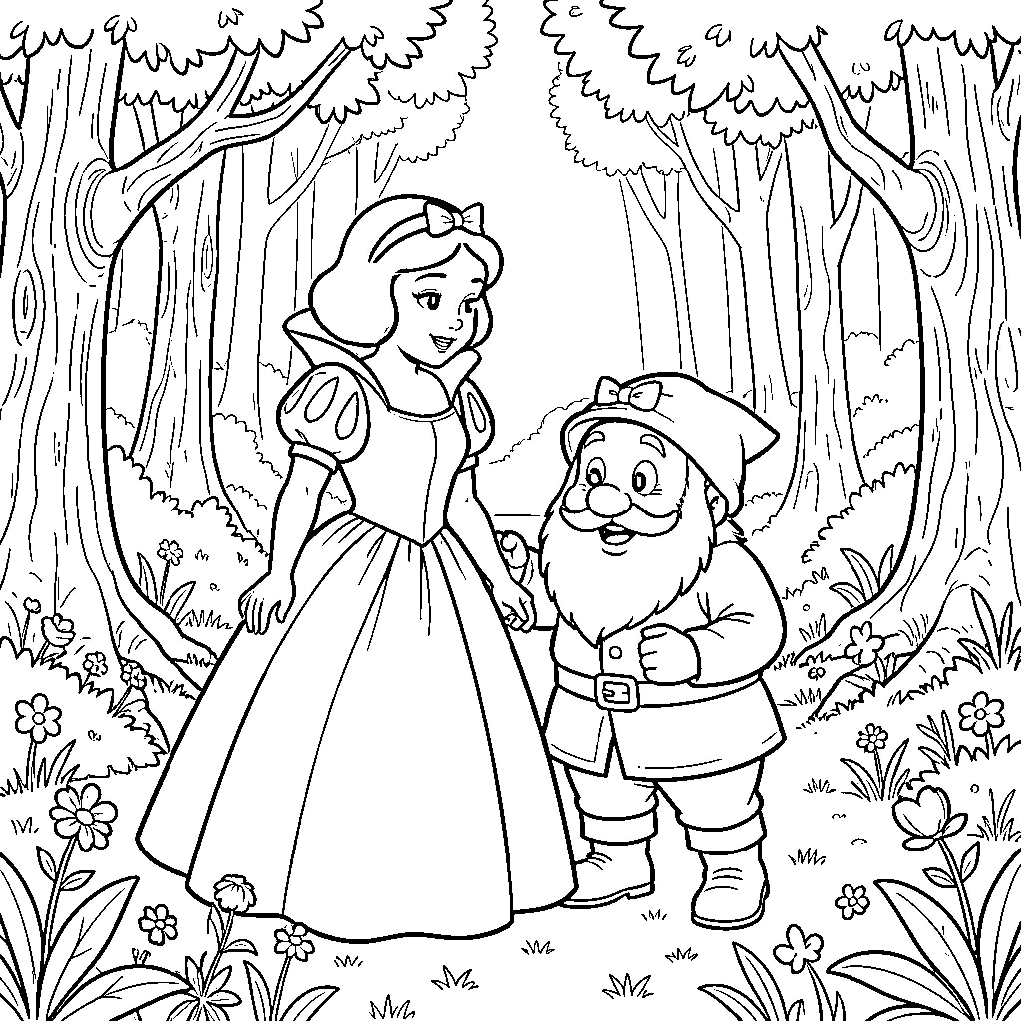 Snow White walking happily with a dwarf in the woods Coloring Page (free black-and-white line drawing printable PDF for all, from beginners to advanced learners, including children, teens, adults, and seniors)