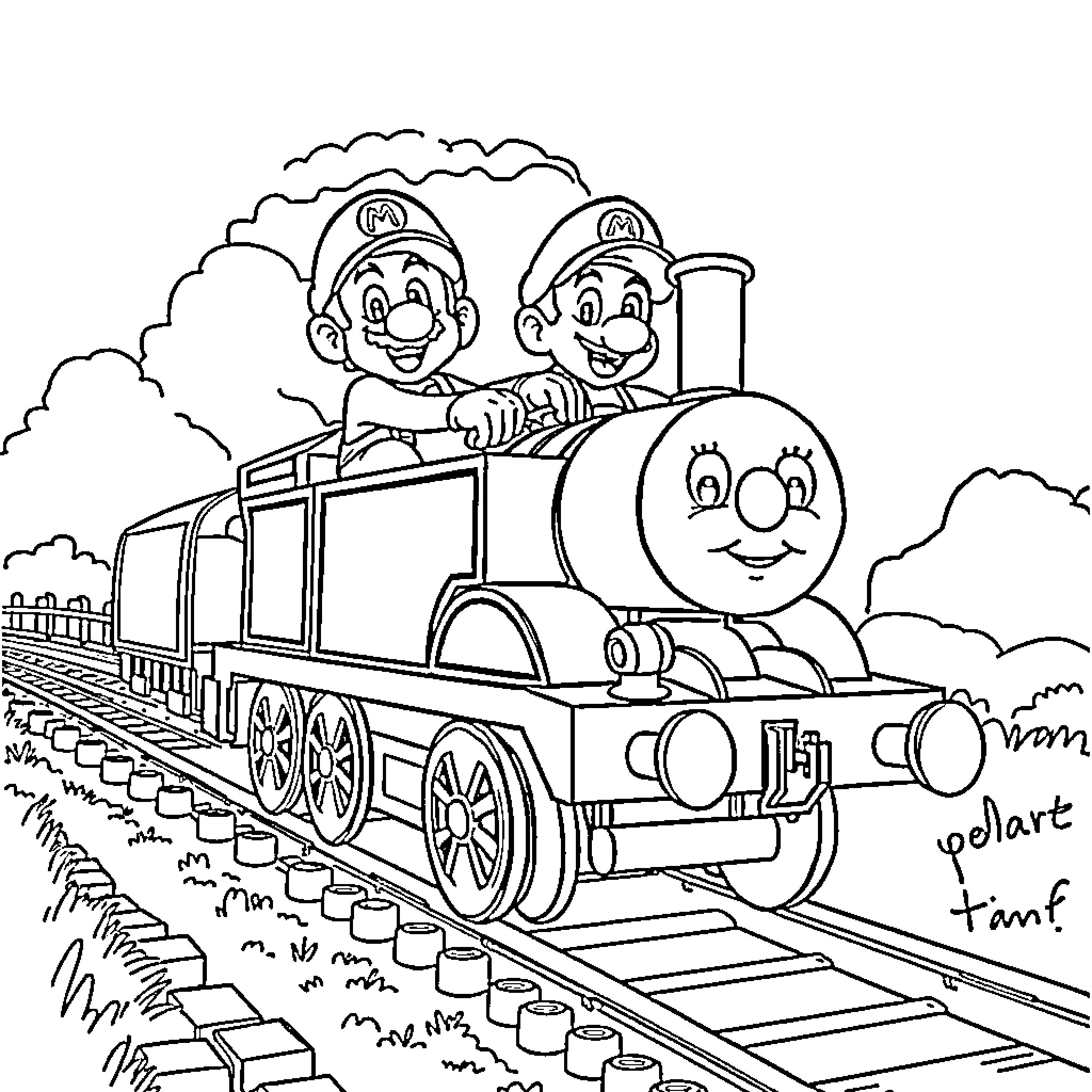 Mario and Luigi riding a happy train Coloring Page (free black-and-white line drawing printable PDF for all, from beginners to advanced learners, including children, teens, adults, and seniors)