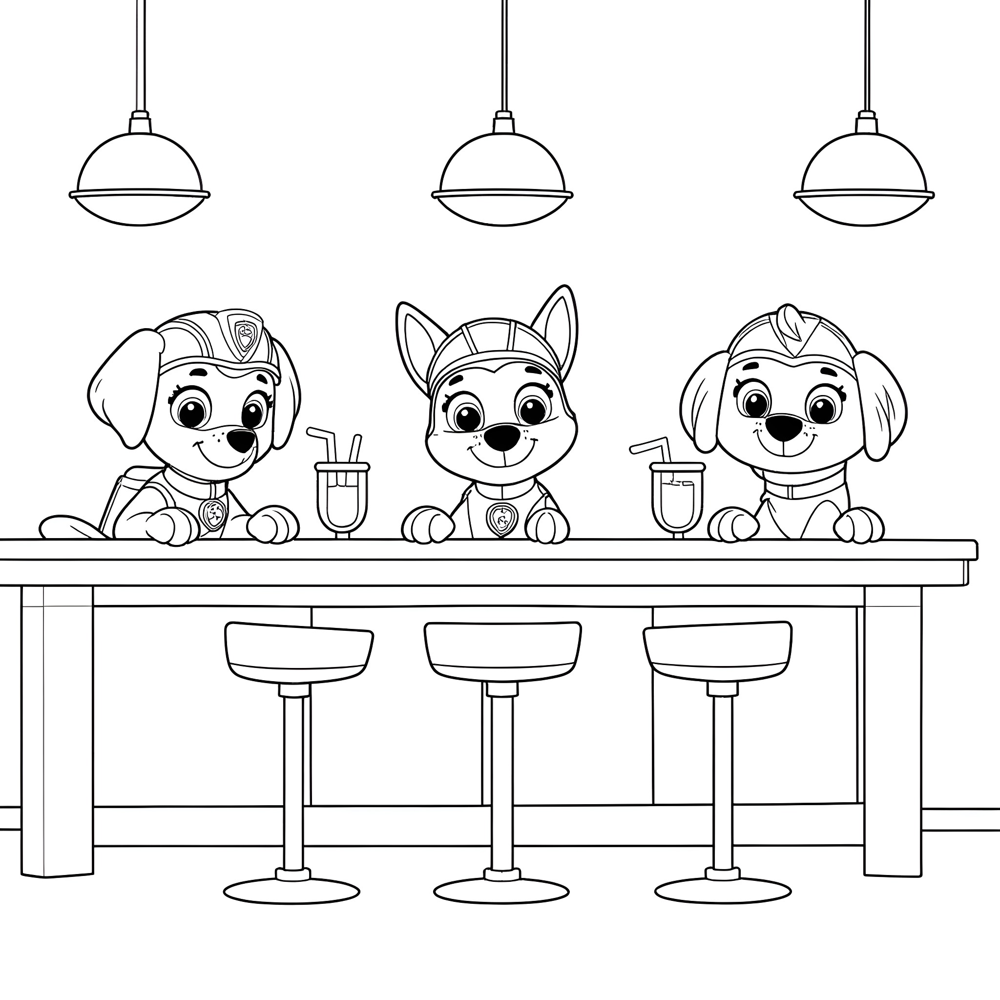 Paw Patrol puppies enjoying treats at the counter Coloring Page (free black-and-white line drawing printable PDF for all, from beginners to advanced learners, including children, teens, adults, and seniors)