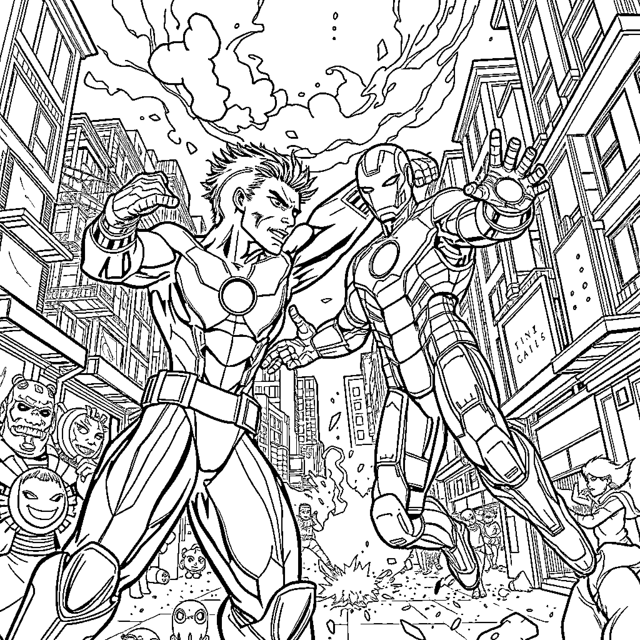Spider-Man battles villains in the city Coloring Page (free black-and-white line drawing printable PDF for all, from beginners to advanced learners, including children, teens, adults, and seniors)