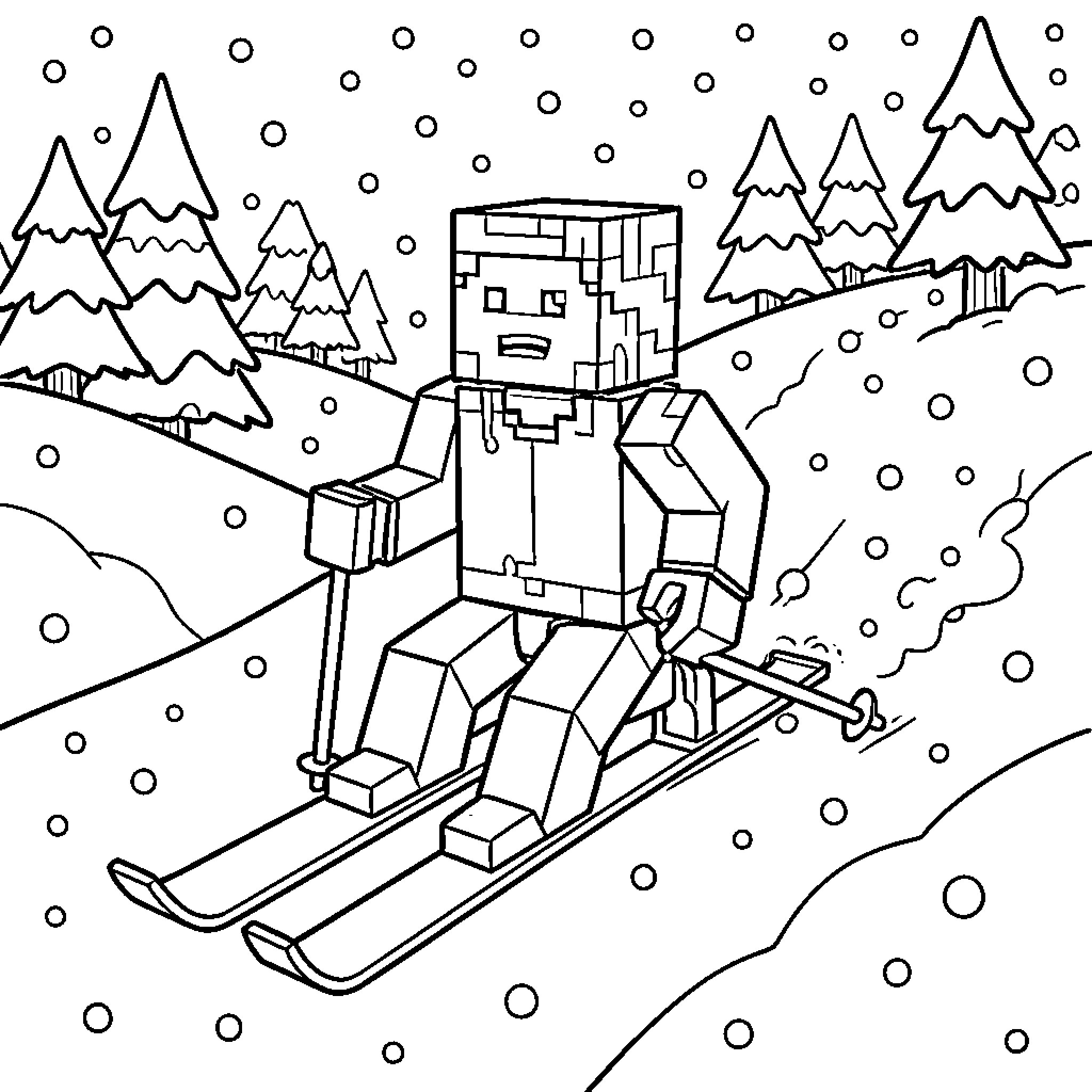 Steve enjoying a snowy winter scene on skis Coloring Page (free black-and-white line drawing printable PDF for all, from beginners to advanced learners, including children, teens, adults, and seniors)