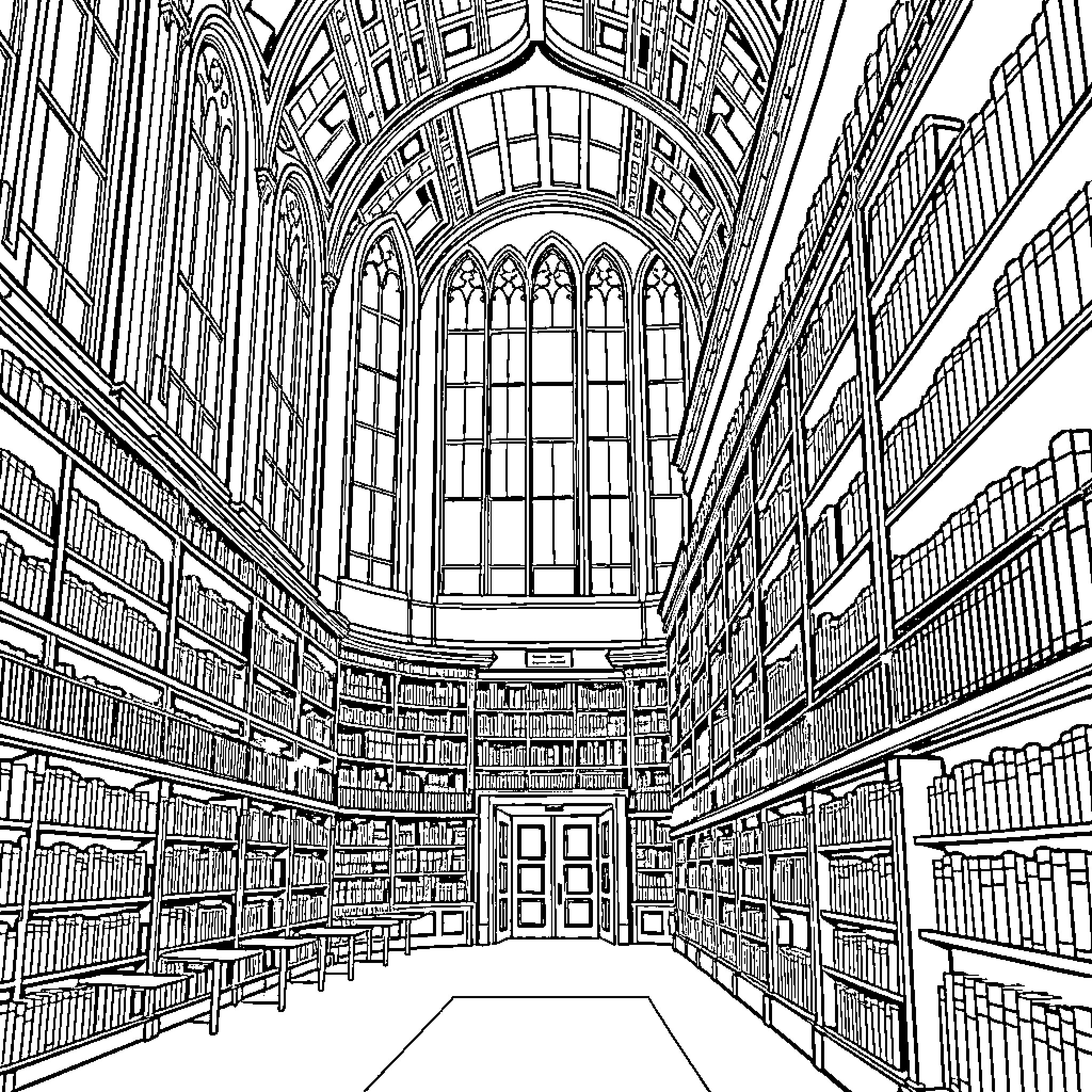 Library with Intricate Architecture and Bookshelves Coloring Page (free black-and-white line drawing printable PDF for all, from beginners to advanced learners, including children, teens, adults, and seniors)