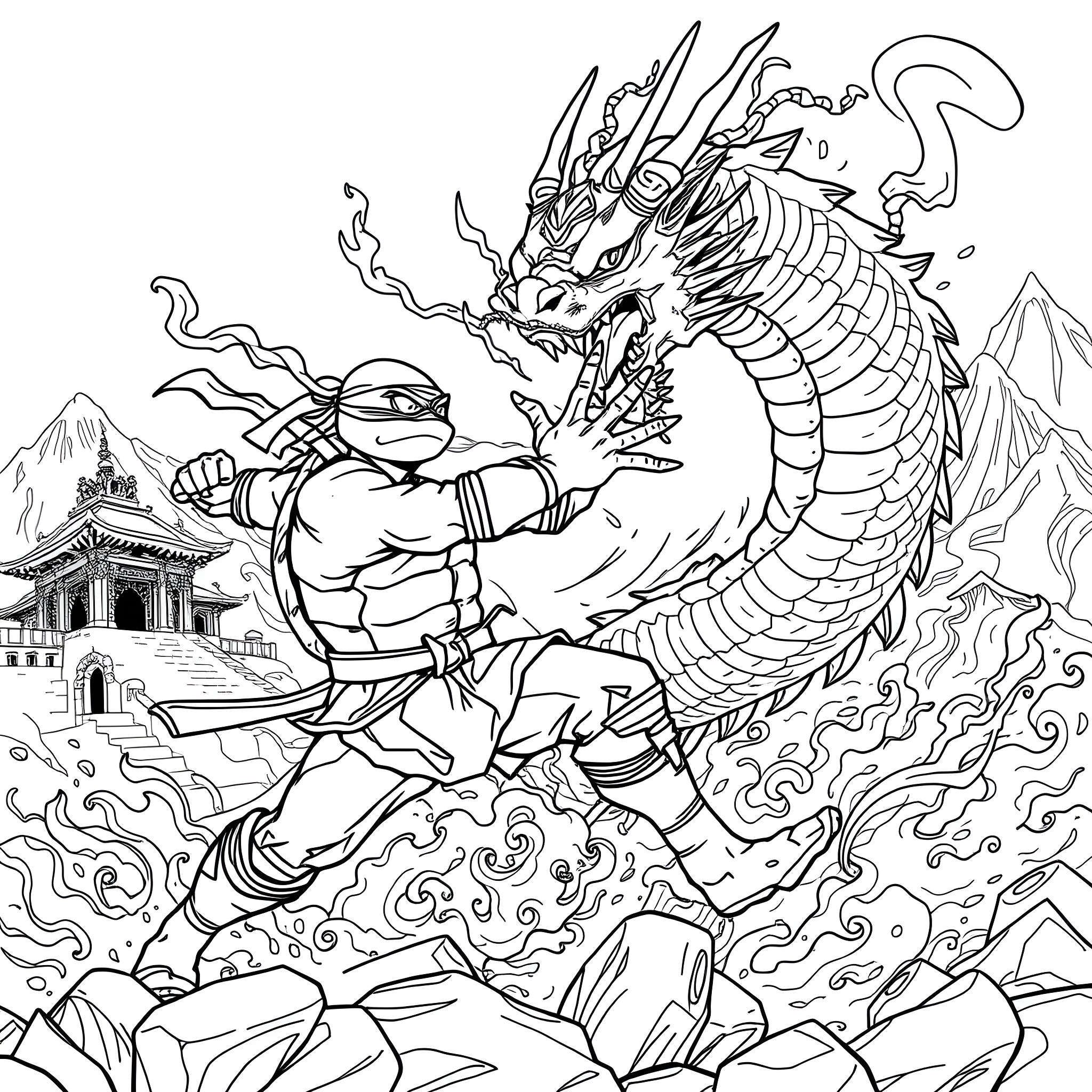 Ninja Turtle battles a fierce dragon in a mystical landscape Coloring Page (free black-and-white line drawing printable PDF for all, from beginners to advanced learners, including children, teens, adults, and seniors)