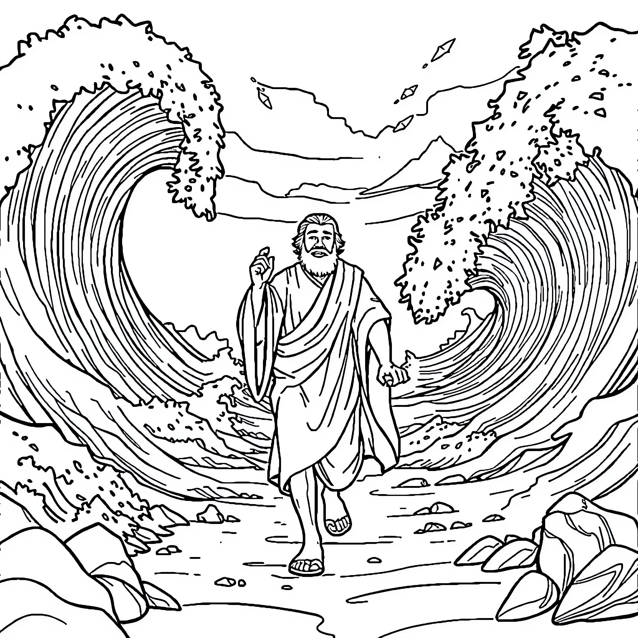 Moses Parting the Seas Coloring Page (free black-and-white line drawing printable PDF for all, from beginners to advanced learners, including children, teens, adults, and seniors)