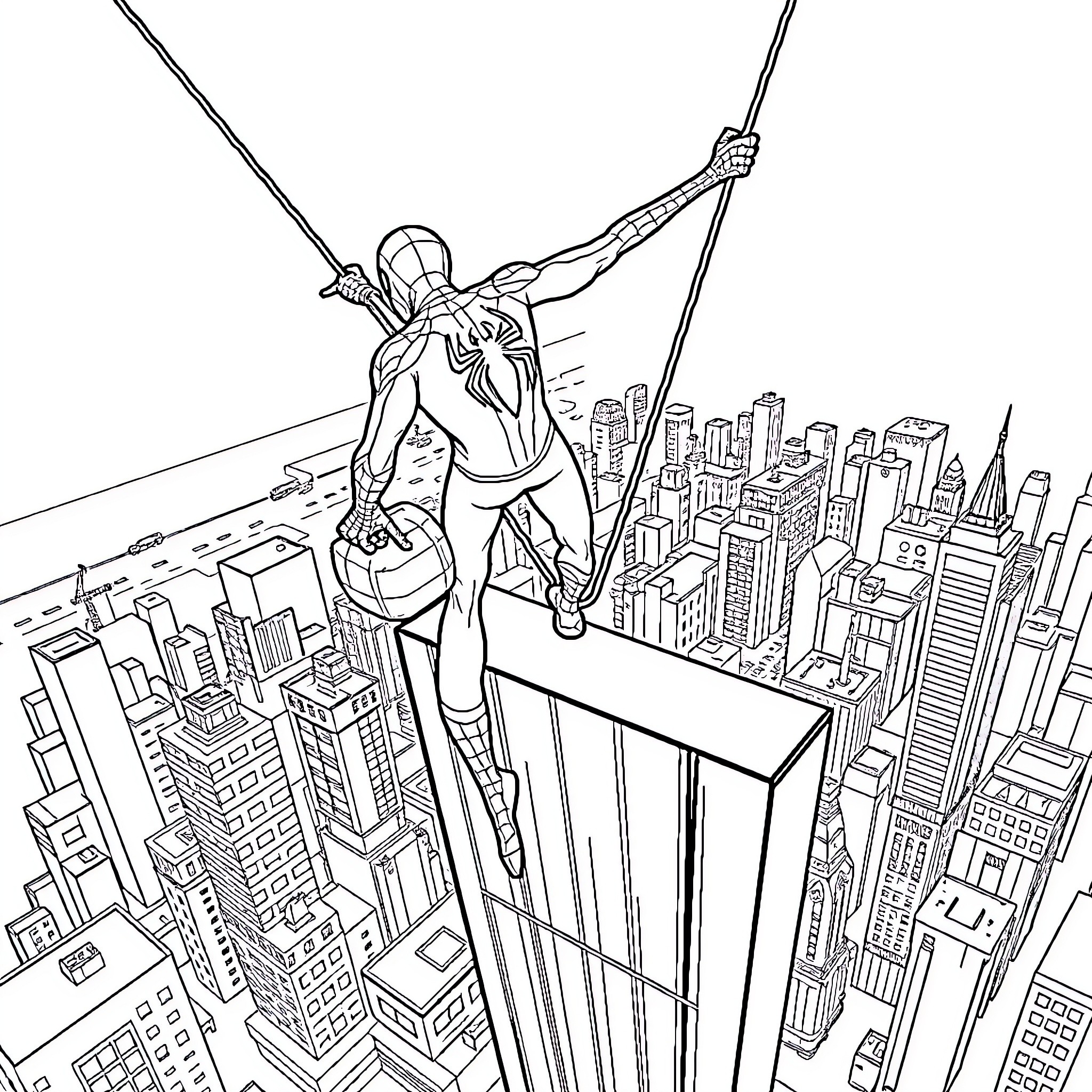Spider-Man swinging above the city skyline Coloring Page (free black-and-white line drawing printable PDF for all, from beginners to advanced learners, including children, teens, adults, and seniors)