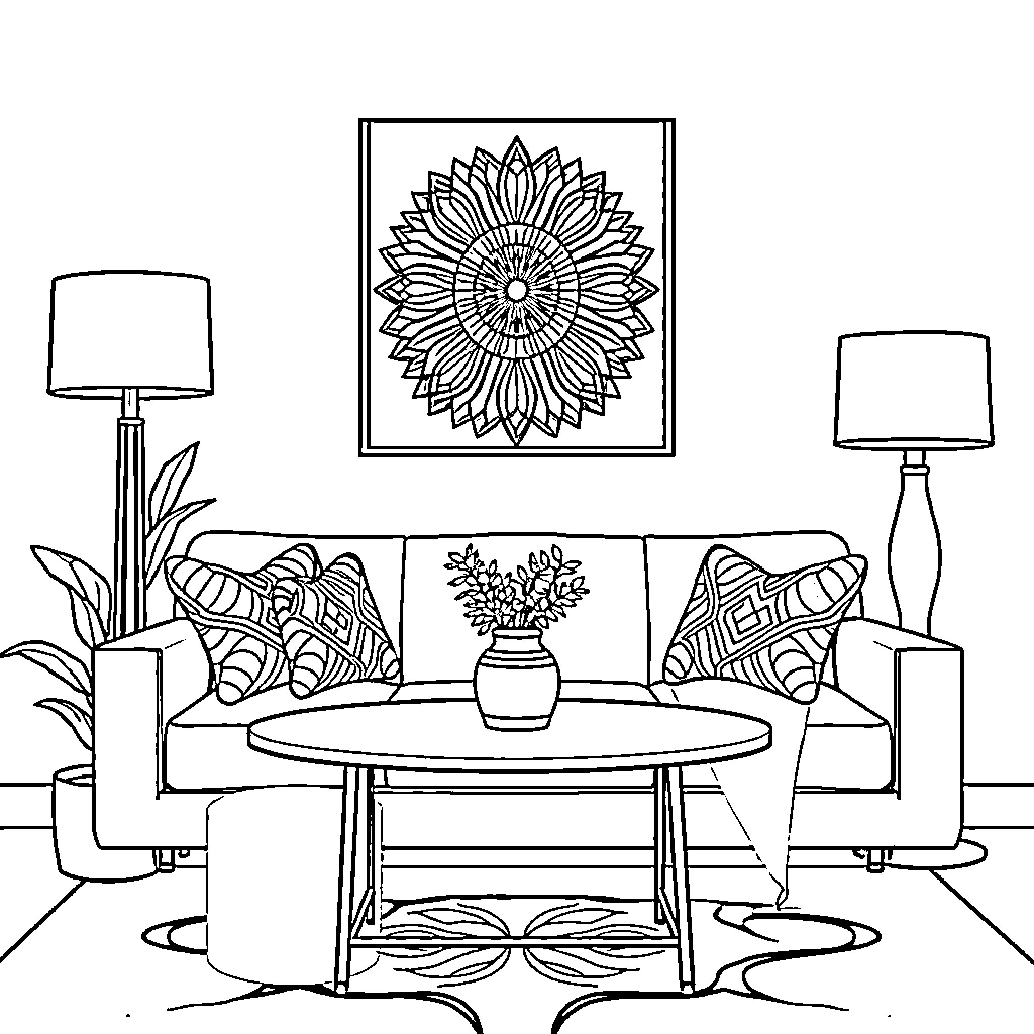 Home decor with a floral artwork and cozy furniture Coloring Page (free black-and-white line drawing printable PDF for all, from beginners to advanced learners, including children, teens, adults, and seniors)