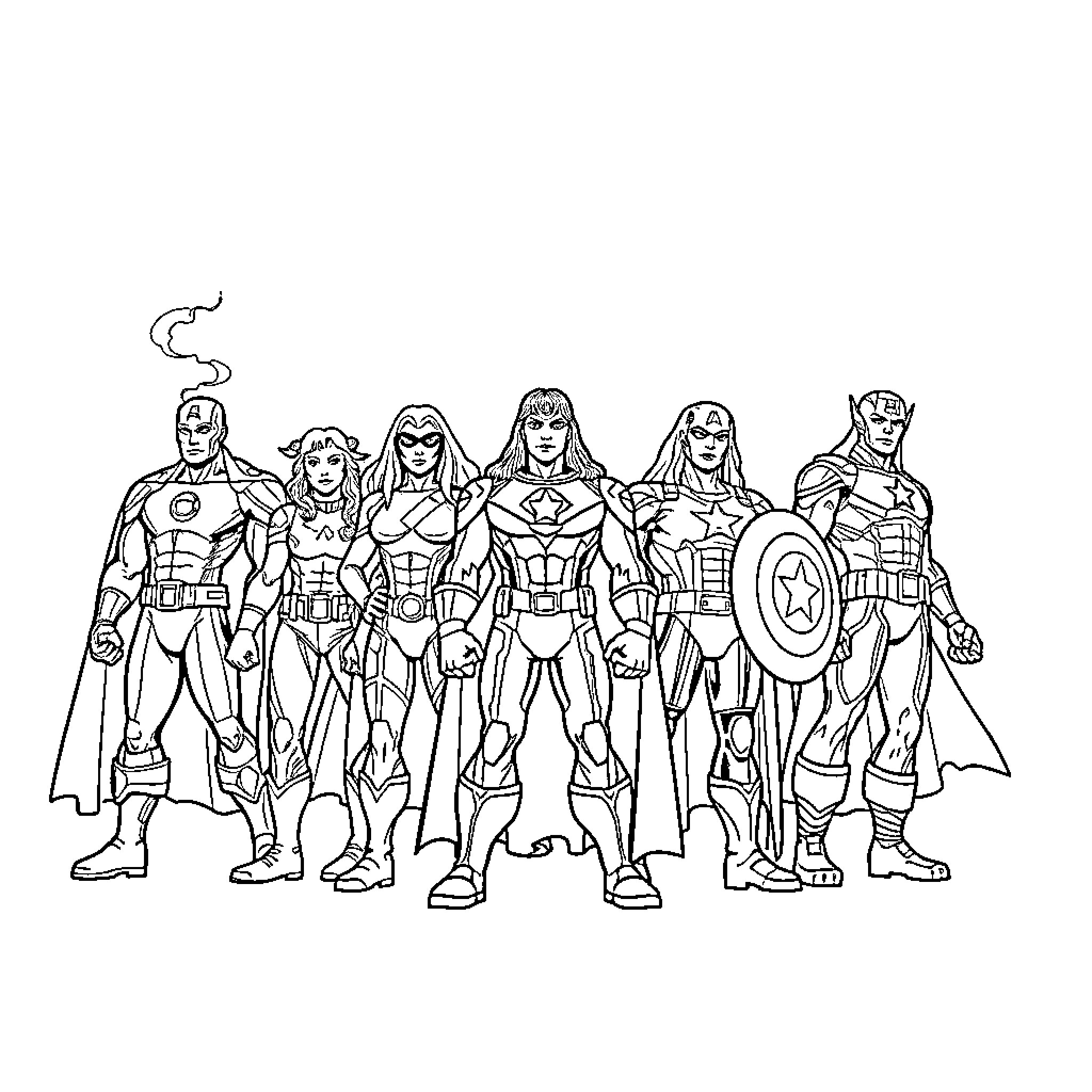 Avenger superheroes united in their distinctive outfits Coloring Page (free black-and-white line drawing printable PDF for all, from beginners to advanced learners, including children, teens, adults, and seniors)