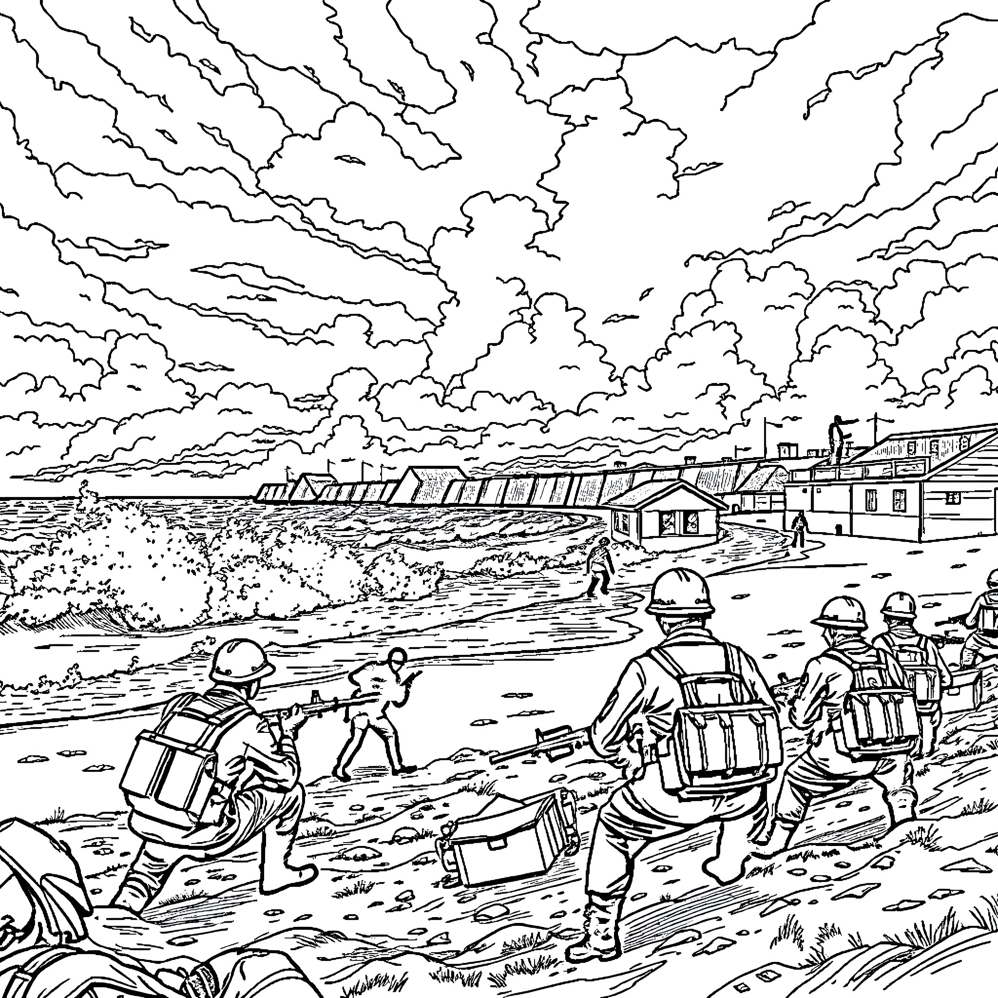 D Day Soldiers Storming the Beach with Determination Coloring Page (free black-and-white line drawing printable PDF for all, from beginners to advanced learners, including children, teens, adults, and seniors)