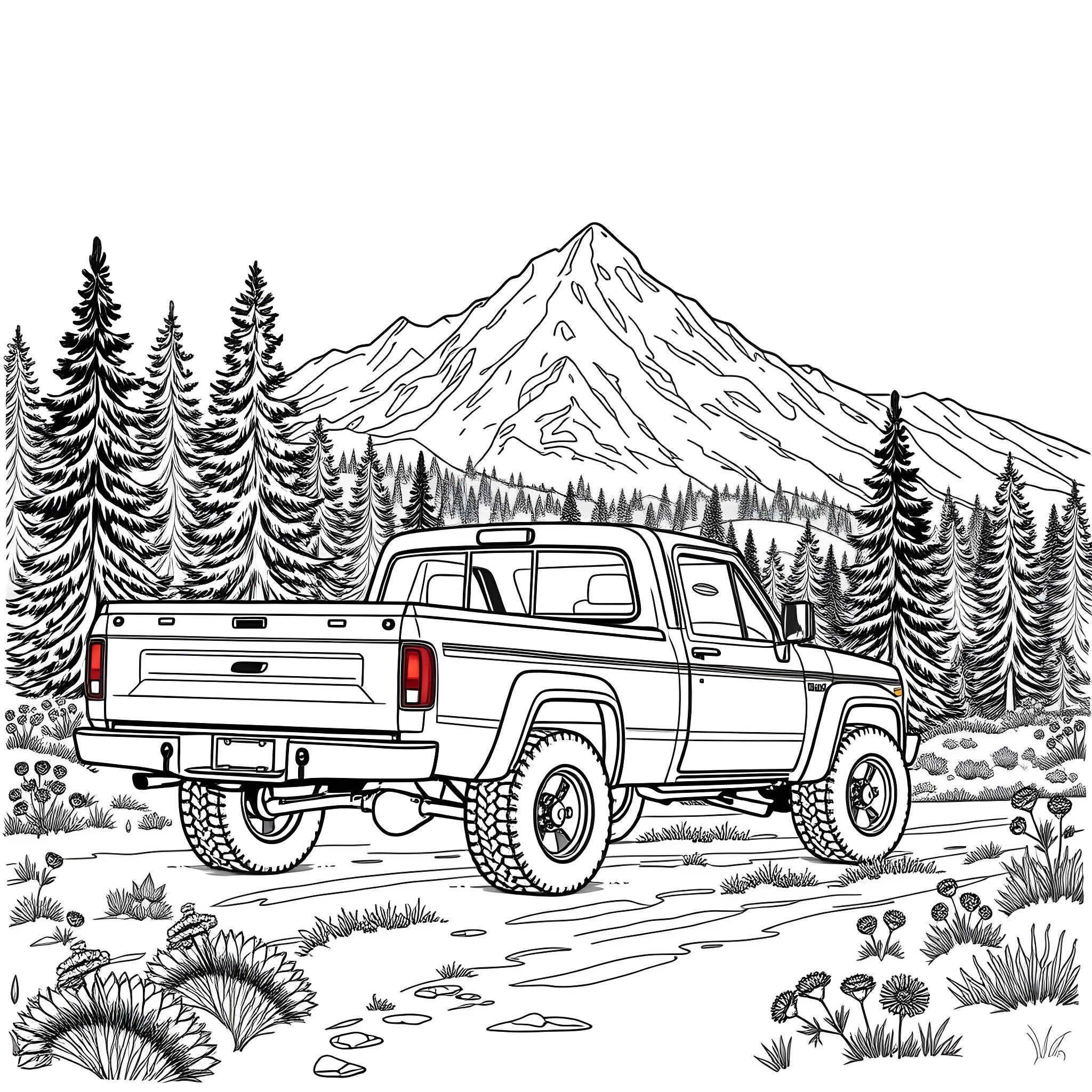 Pick Up Truck Traversing Mountainous Landscape Coloring Page (free black-and-white line drawing printable PDF for all, from beginners to advanced learners, including children, teens, adults, and seniors)