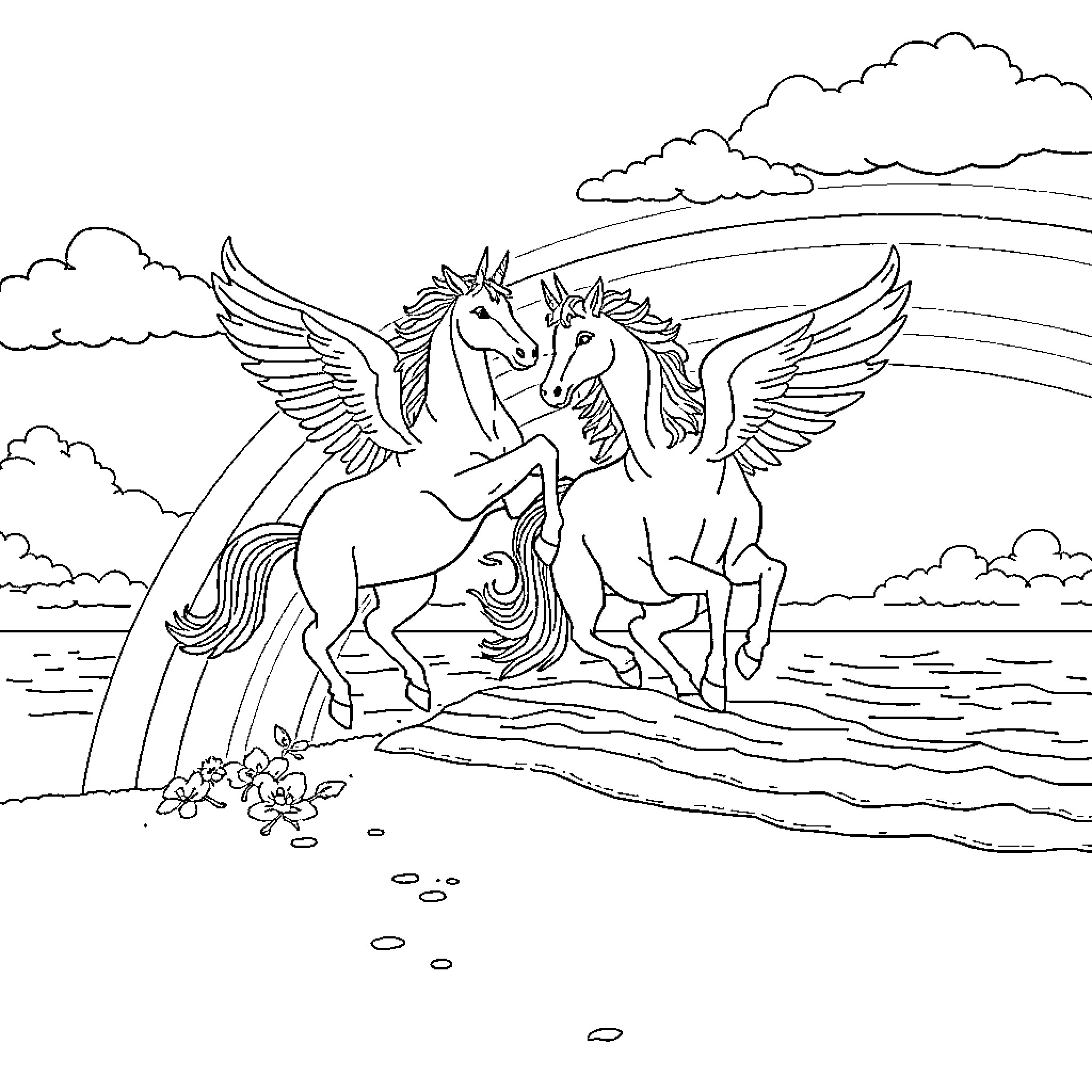 Pegasus Unicorns Soaring Through Magical Landscape Coloring Page (free black-and-white line drawing printable PDF for all, from beginners to advanced learners, including children, teens, adults, and seniors)