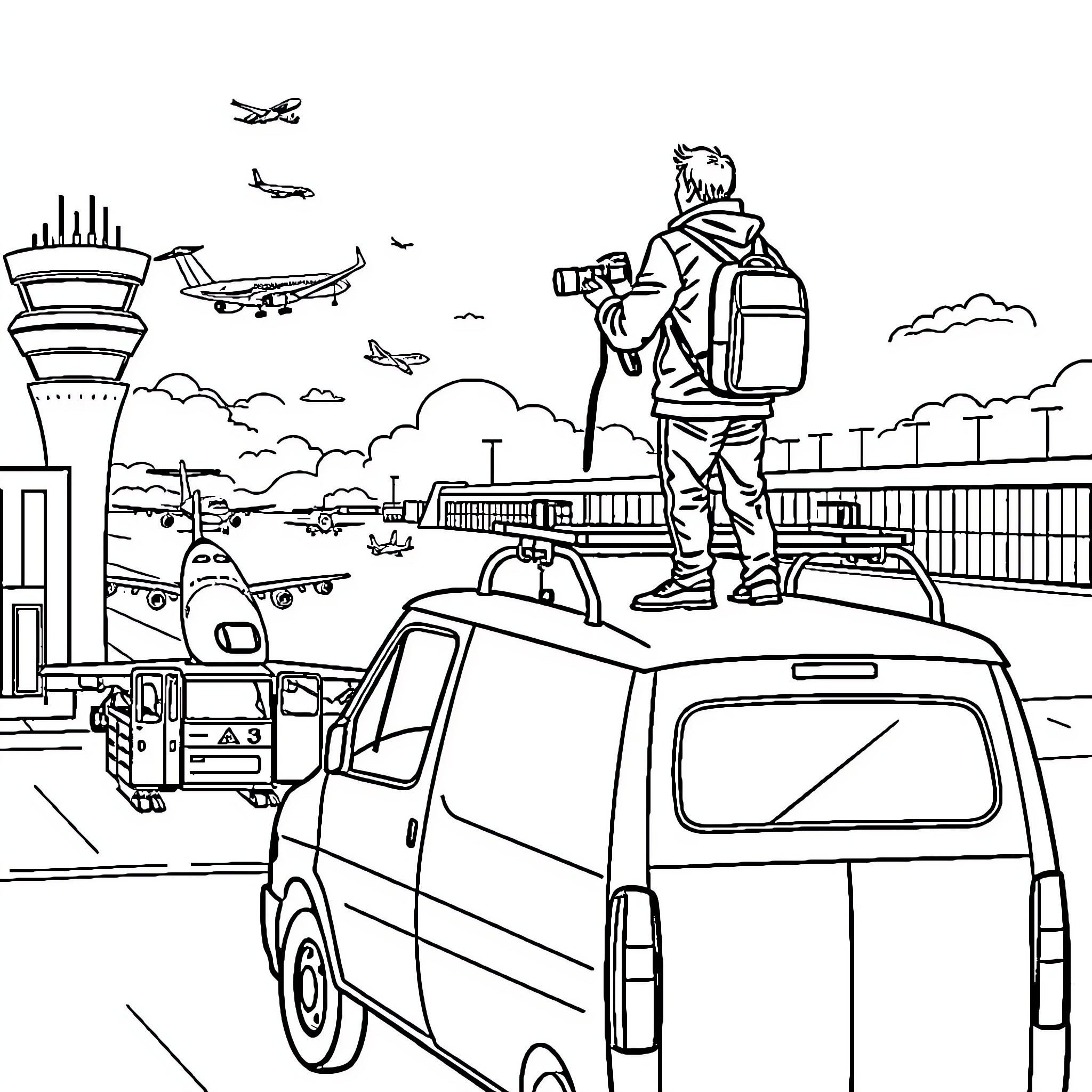 Man awaiting departure at the busy airport terminal Coloring Page (free black-and-white line drawing printable PDF for all, from beginners to advanced learners, including children, teens, adults, and seniors)
