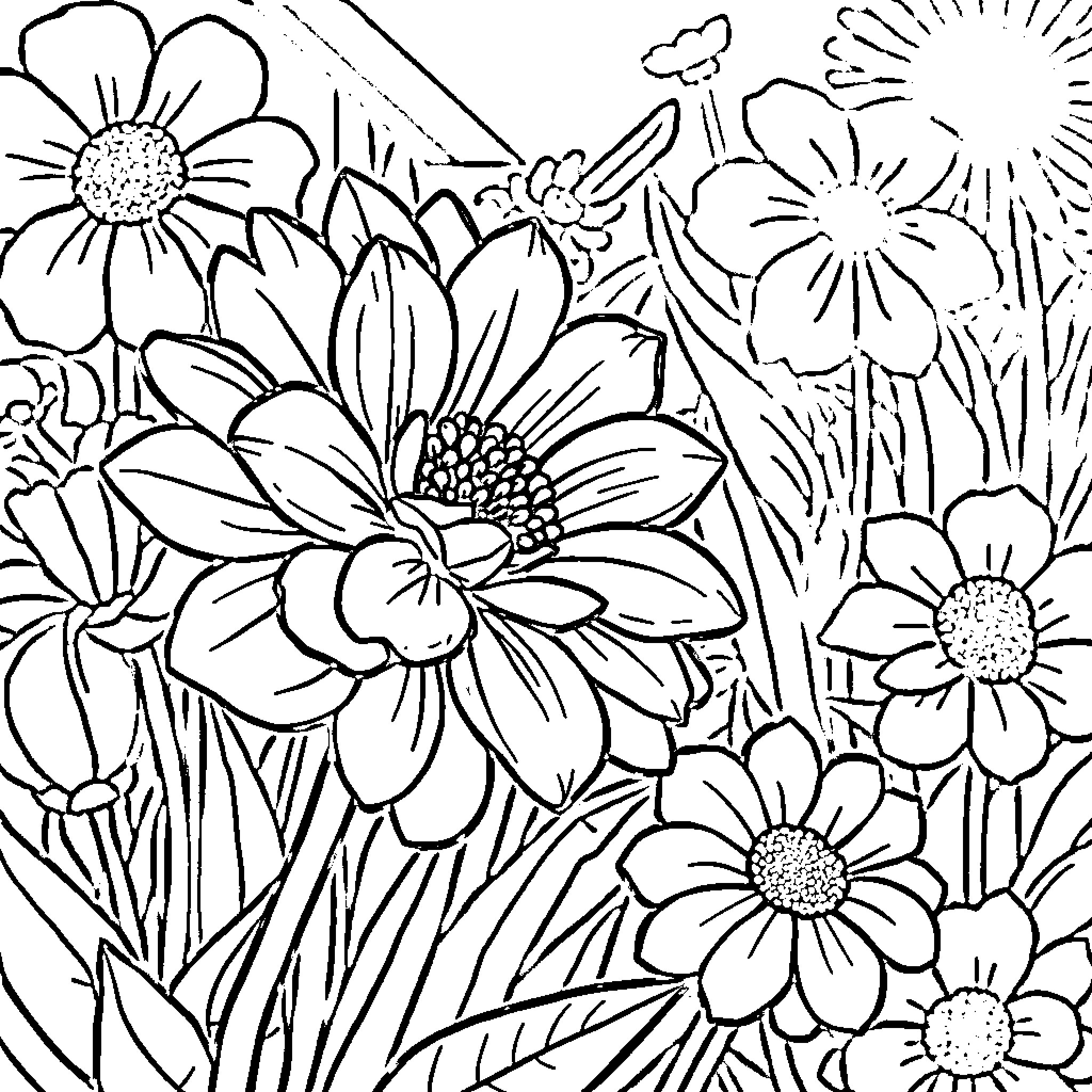 Flower garden with vibrant blooms Coloring Page (free black-and-white line drawing printable PDF for all, from beginners to advanced learners, including children, teens, adults, and seniors)