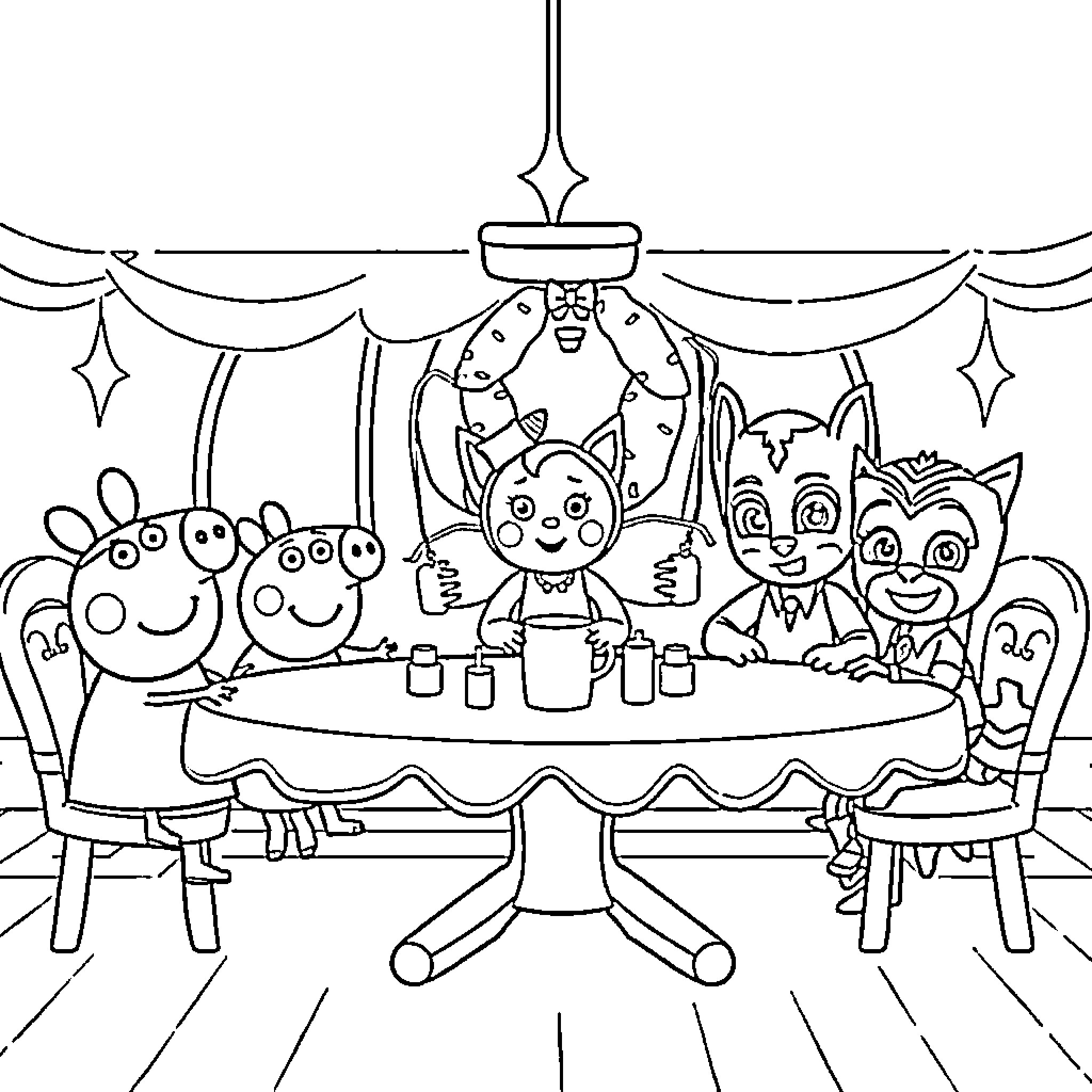 Characters Enjoying a Festive Gathering Coloring Page (free black-and-white line drawing printable PDF for all, from beginners to advanced learners, including children, teens, adults, and seniors)