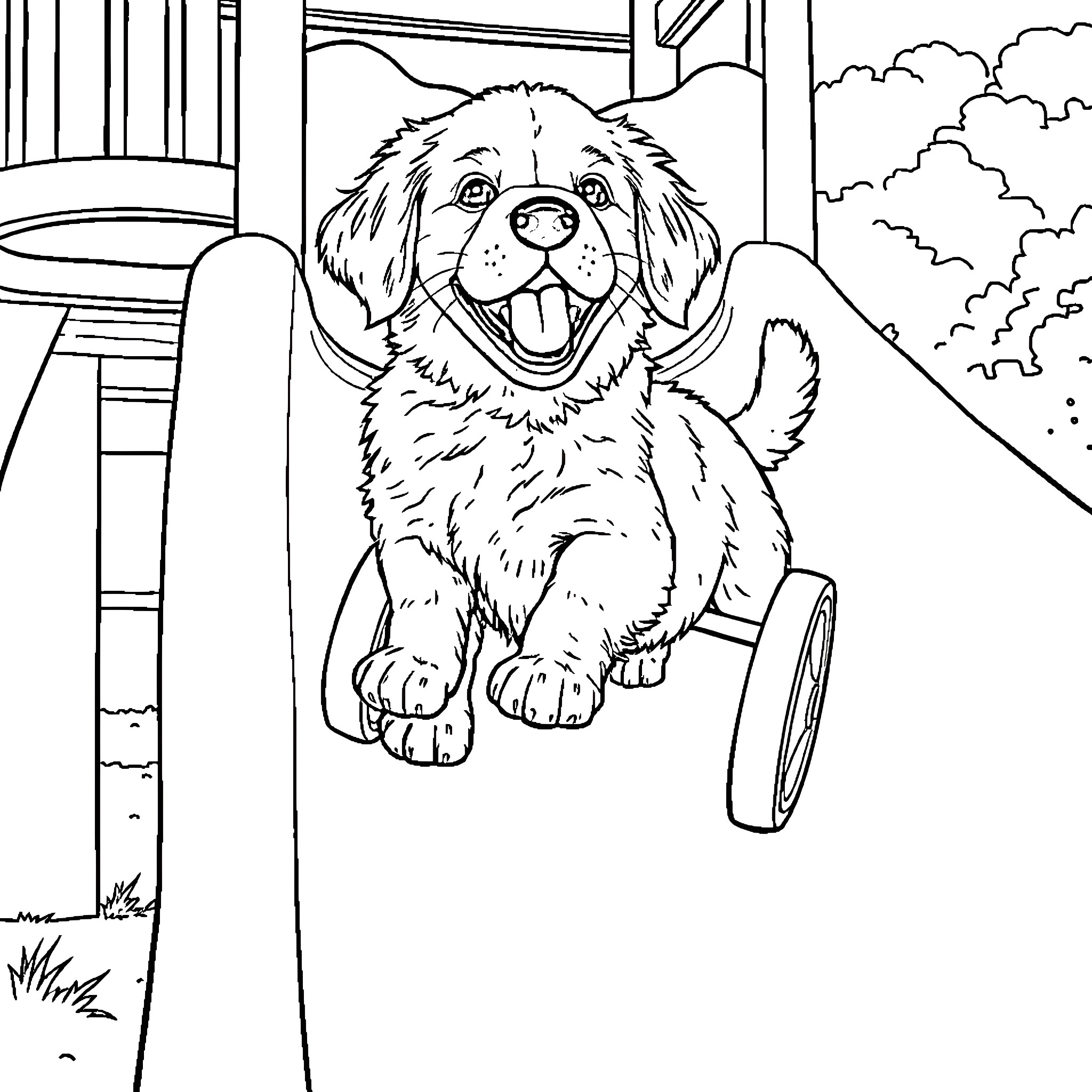 Golden Retriever playing happily on playground equipment Coloring Page (free black-and-white line drawing printable PDF for all, from beginners to advanced learners, including children, teens, adults, and seniors)