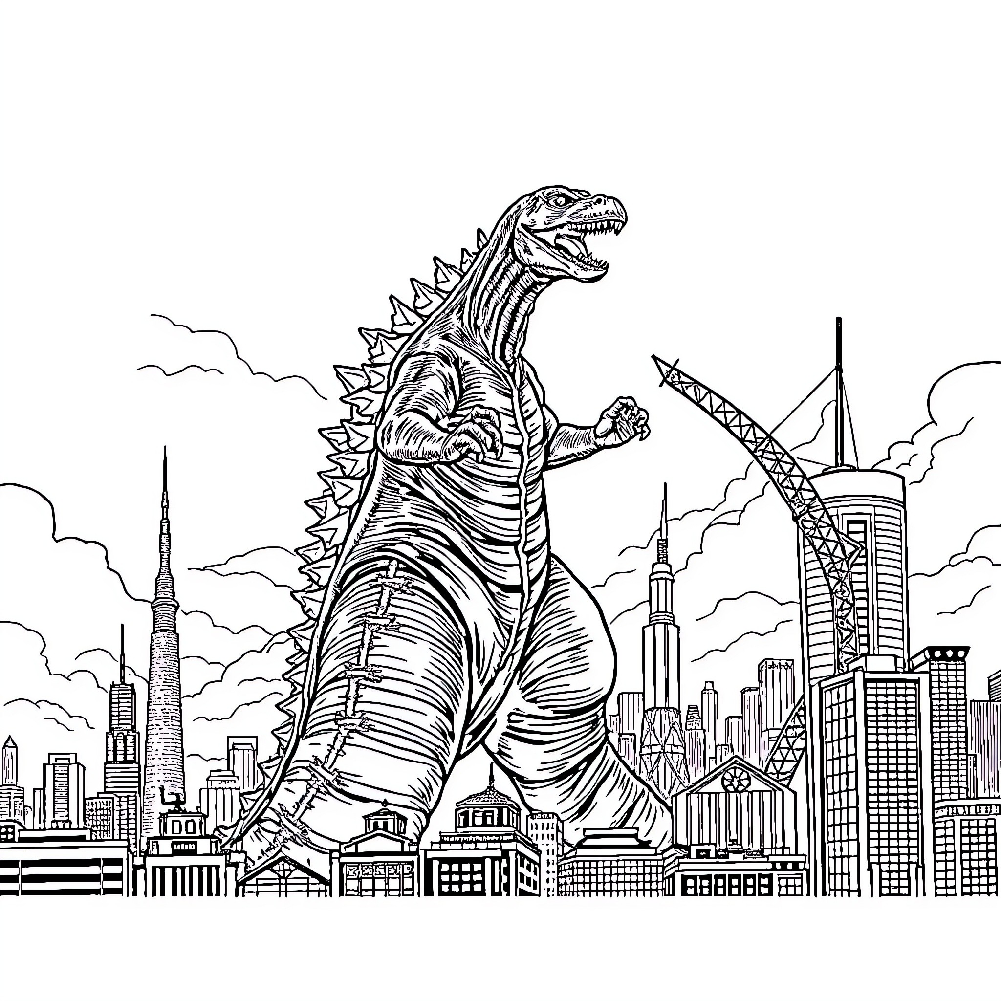 Godzilla rampaging through the city skyline Coloring Page (free black-and-white line drawing printable PDF for all, from beginners to advanced learners, including children, teens, adults, and seniors)