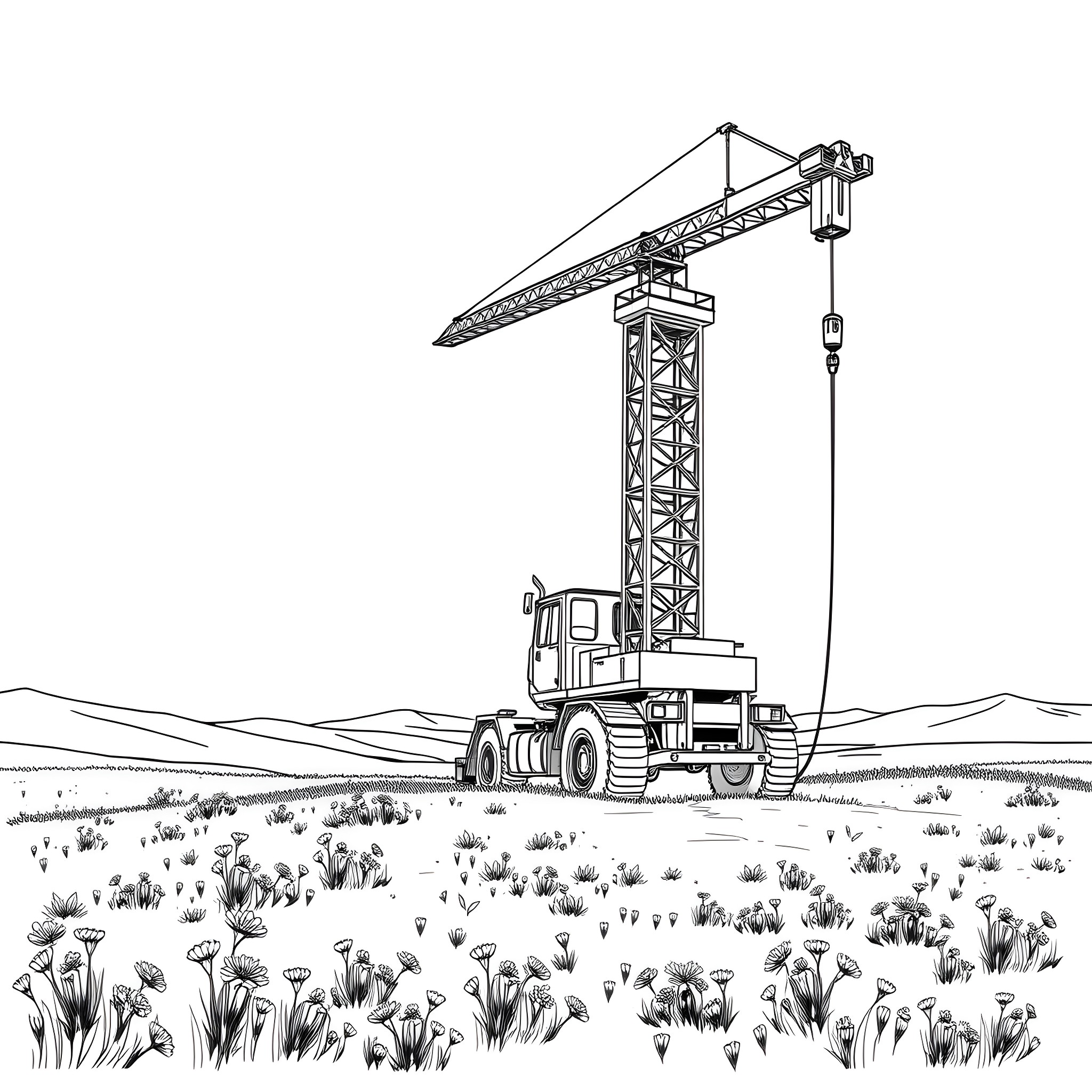 Crane Truck Lifting Heavy Equipment in Field Coloring Page (free black-and-white line drawing printable PDF for all, from beginners to advanced learners, including children, teens, adults, and seniors)