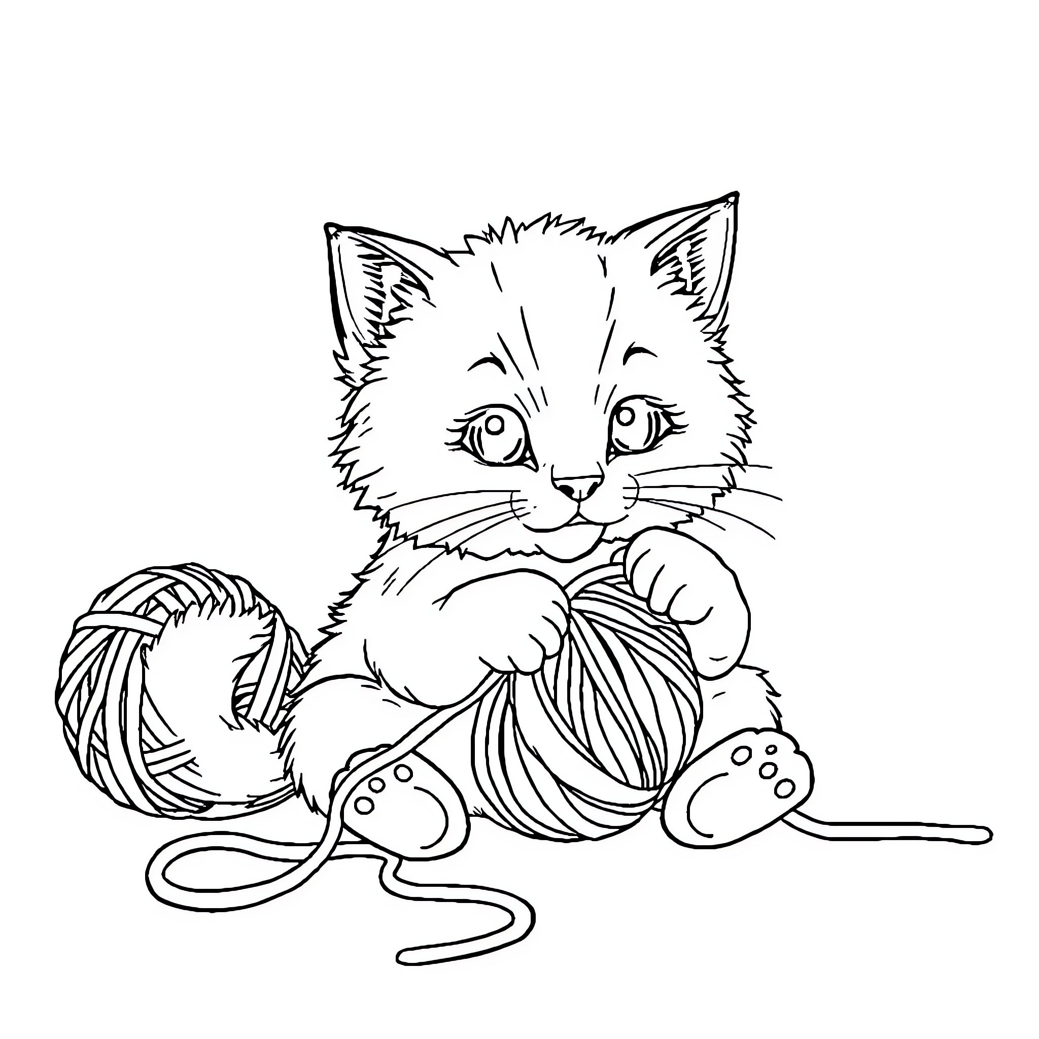 Cat playing with yarn and toys Coloring Page (free black-and-white line drawing printable PDF for all, from beginners to advanced learners, including children, teens, adults, and seniors)