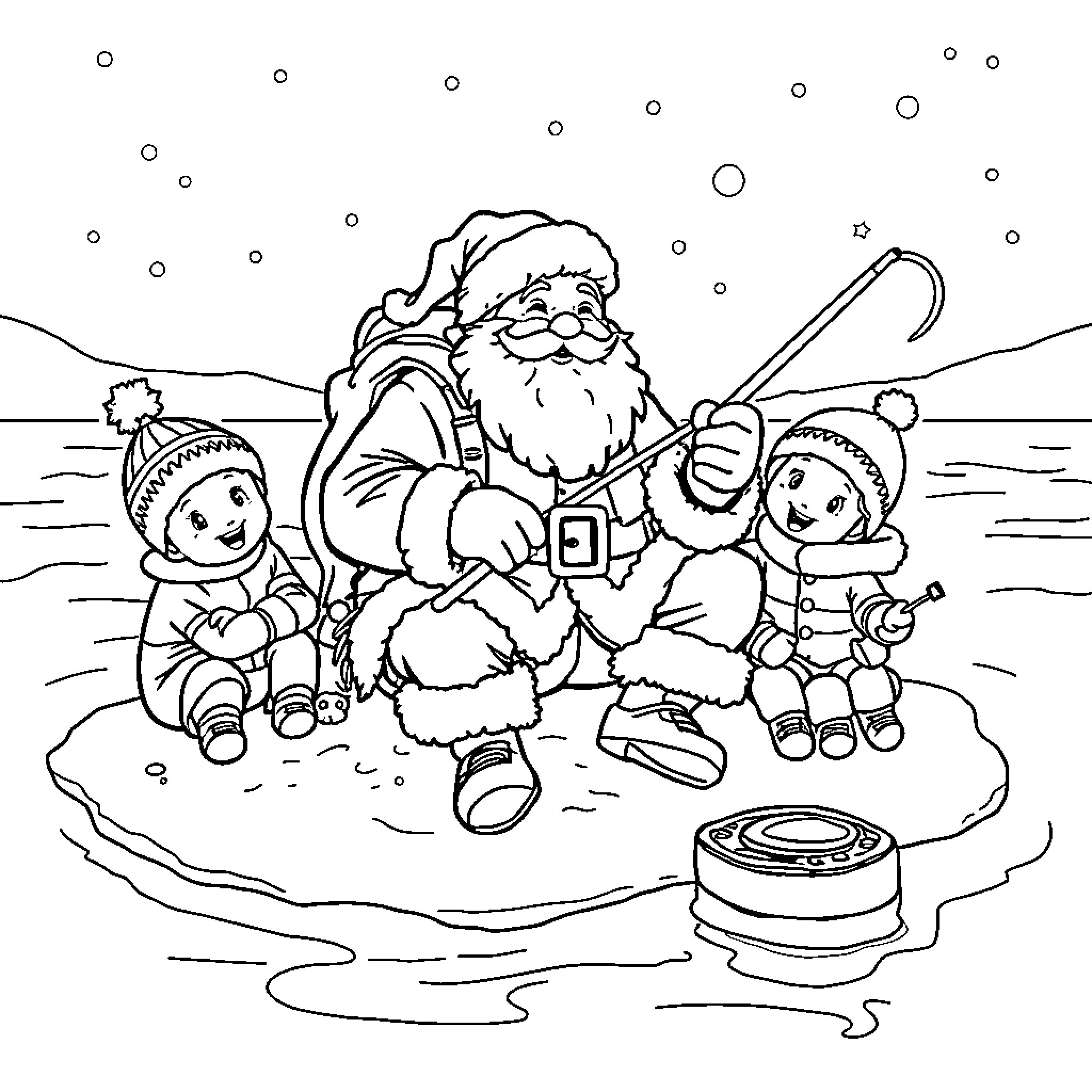 Santa and his elf friends enjoy winter activities Coloring Page (free black-and-white line drawing printable PDF for all, from beginners to advanced learners, including children, teens, adults, and seniors)
