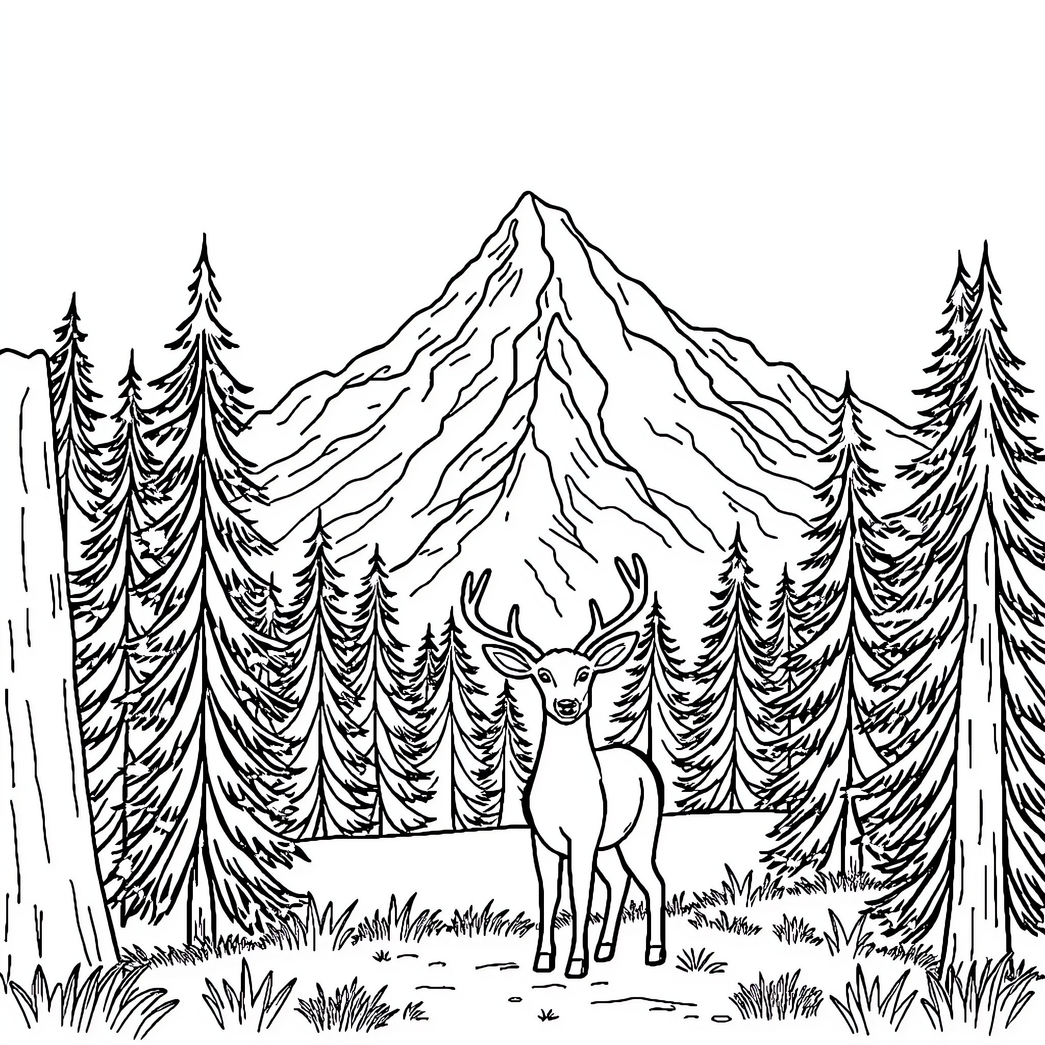 Deer standing in the serene wilderness Coloring Page (free black-and-white line drawing printable PDF for all, from beginners to advanced learners, including children, teens, adults, and seniors)